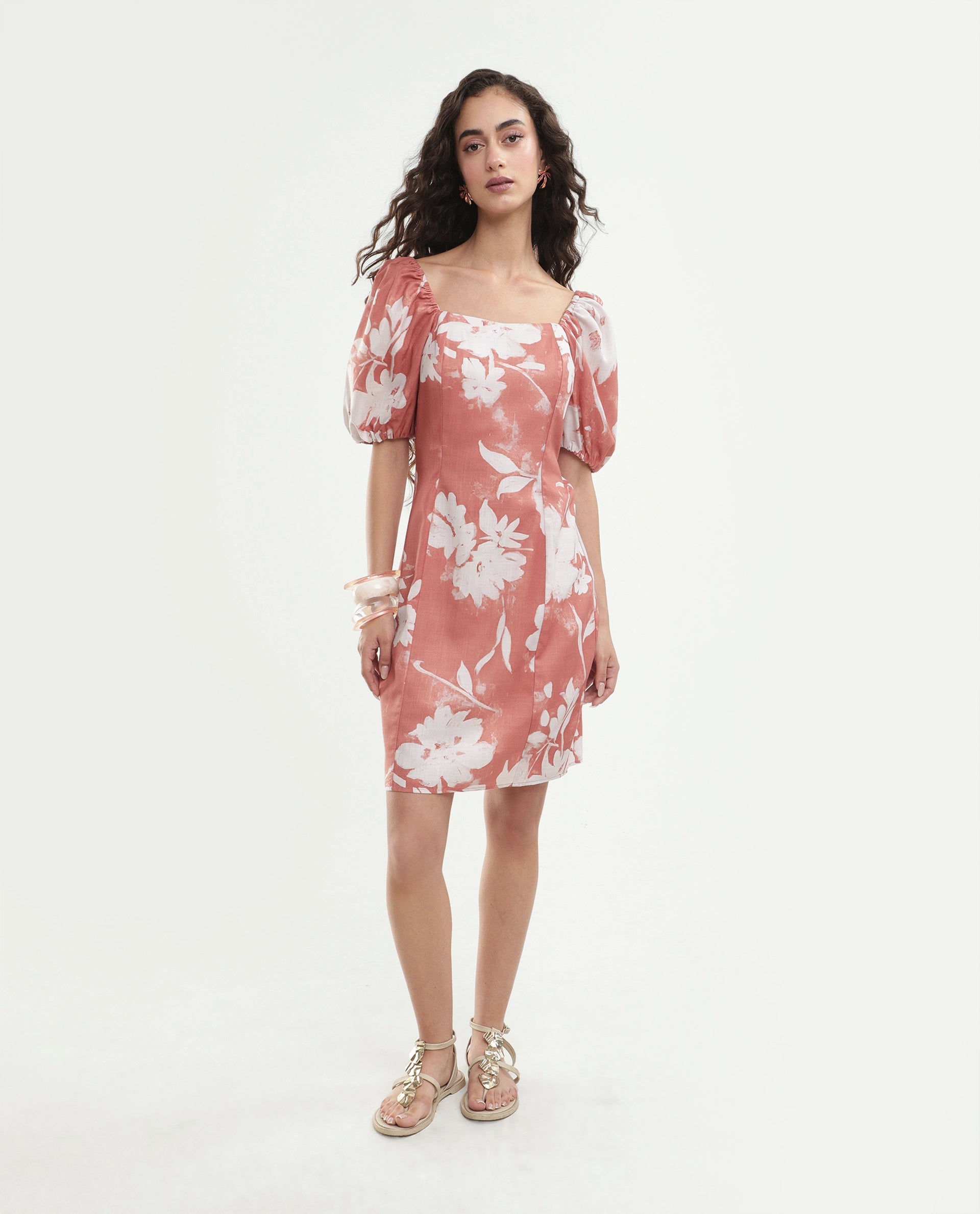 Rareism Women's Stefin Dusky Orange Polyester Button And Zip Fitted Floral Print Dress