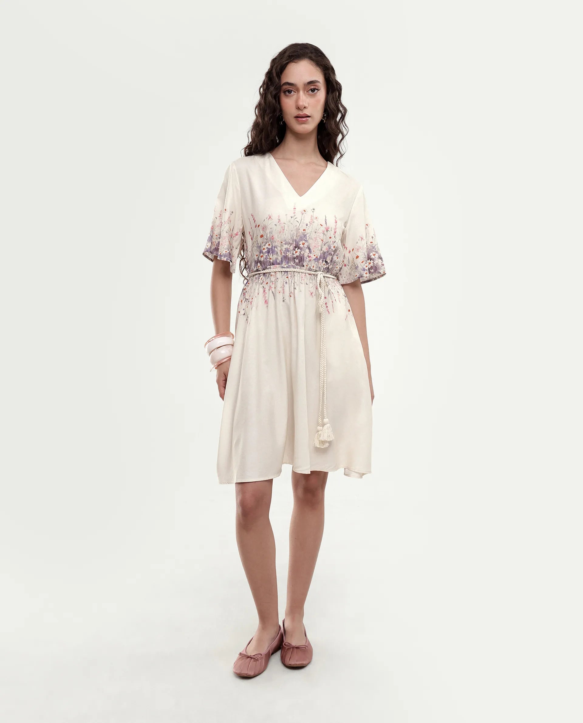 Rareism Women's Sung Beige Viscose Pull-On Fit And Flare Floral Print Dress