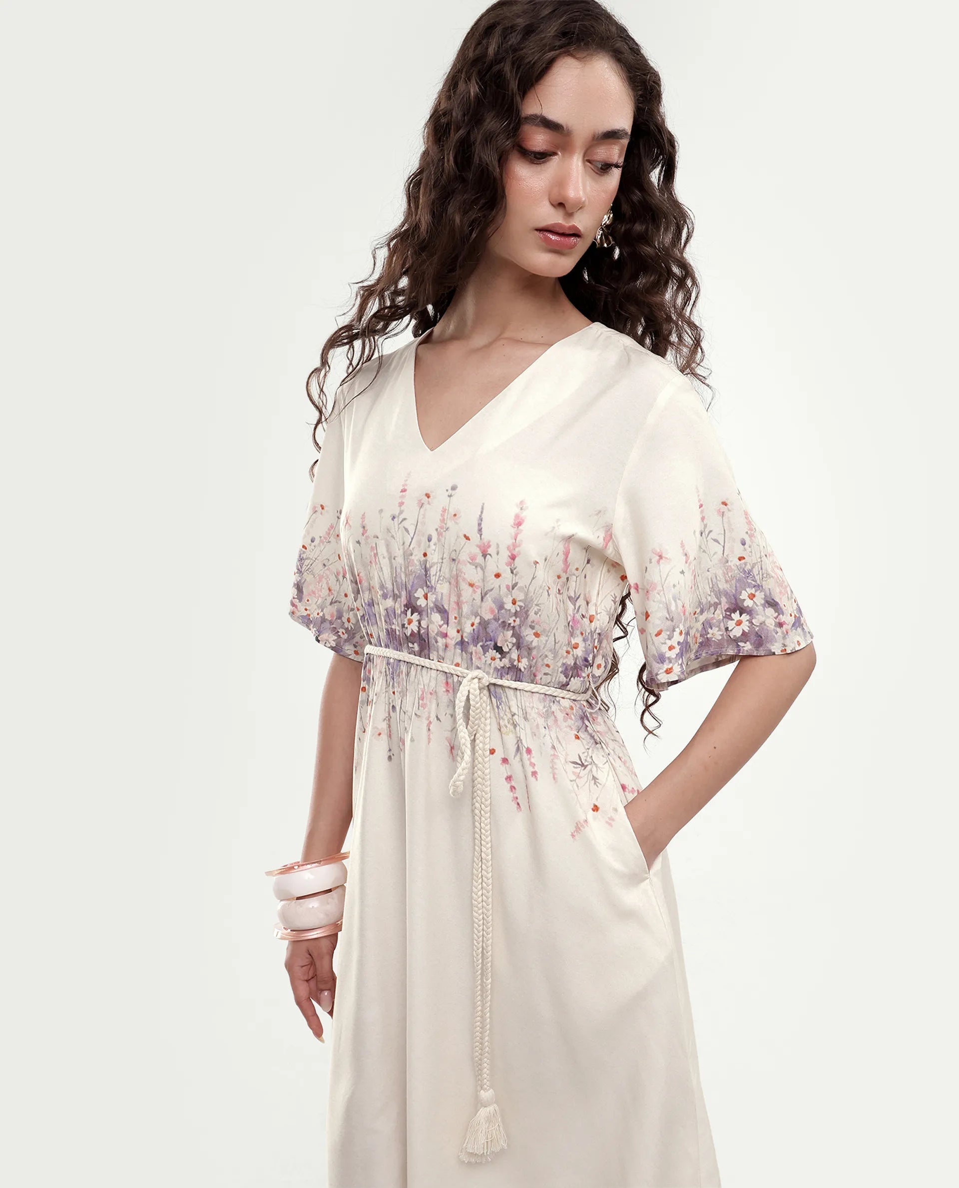 Rareism Women's Sung Beige Viscose Pull-On Fit And Flare Floral Print Dress