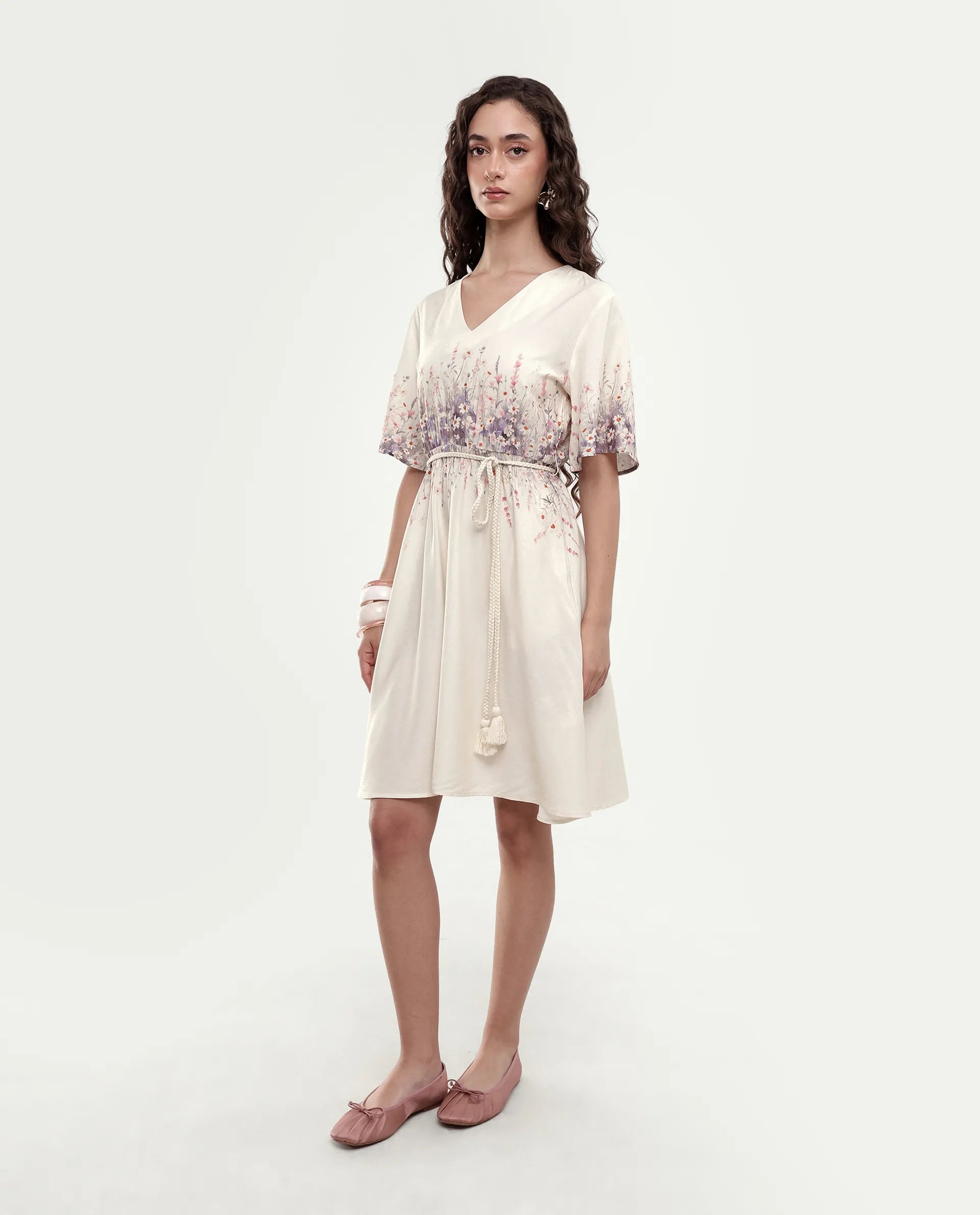 Rareism Women's Sung Beige Viscose Pull-On Fit And Flare Floral Print Dress