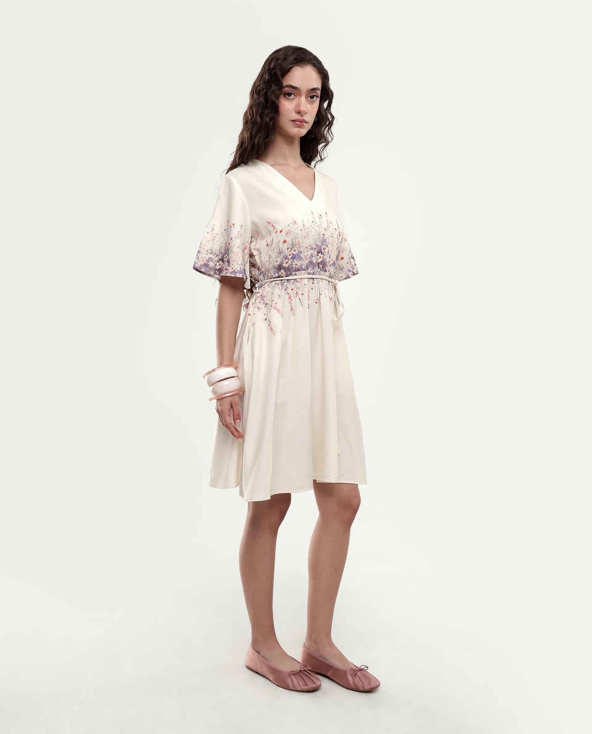 Rareism Women's Sung Beige Viscose Pull-On Fit And Flare Floral Print Dress
