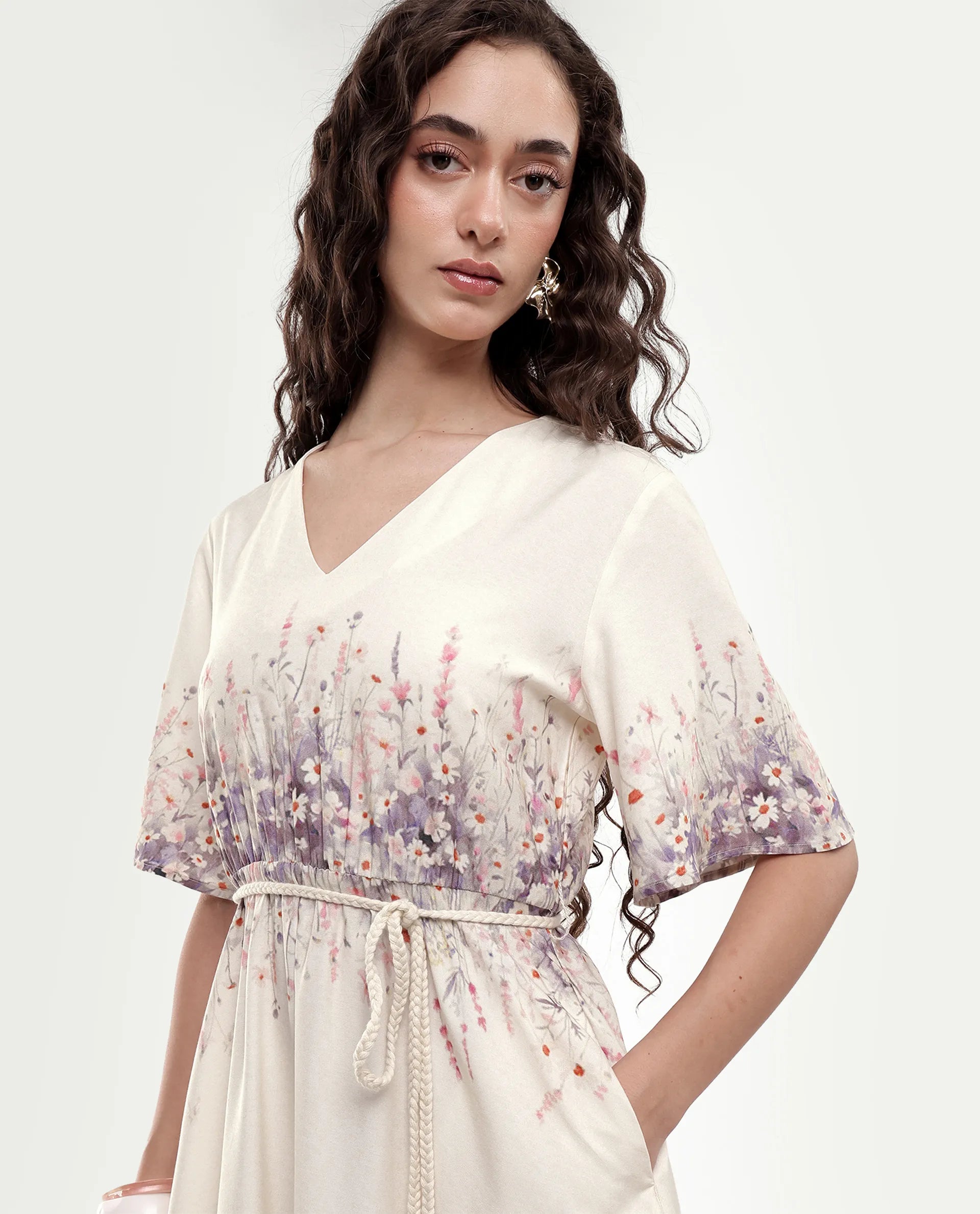 Rareism Women's Sung Beige Viscose Pull-On Fit And Flare Floral Print Dress