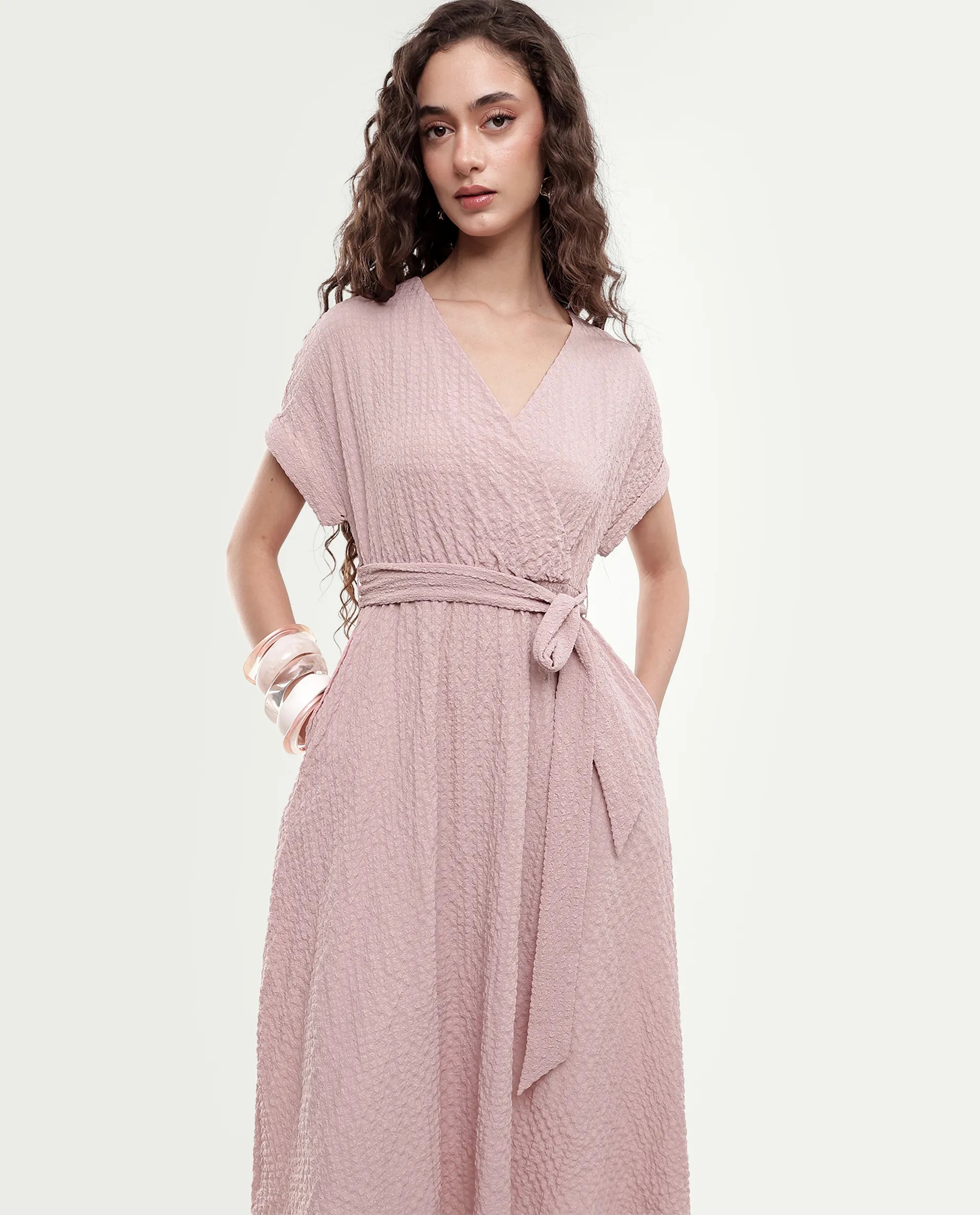 Rareism Women's Socot Dusky Pink Polyester Blend Pull-On Fit And Flare Dress