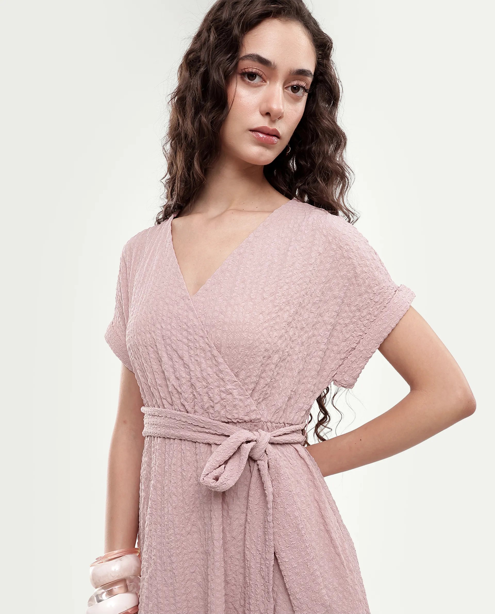 Rareism Women's Socot Dusky Pink Polyester Blend Pull-On Fit And Flare Dress