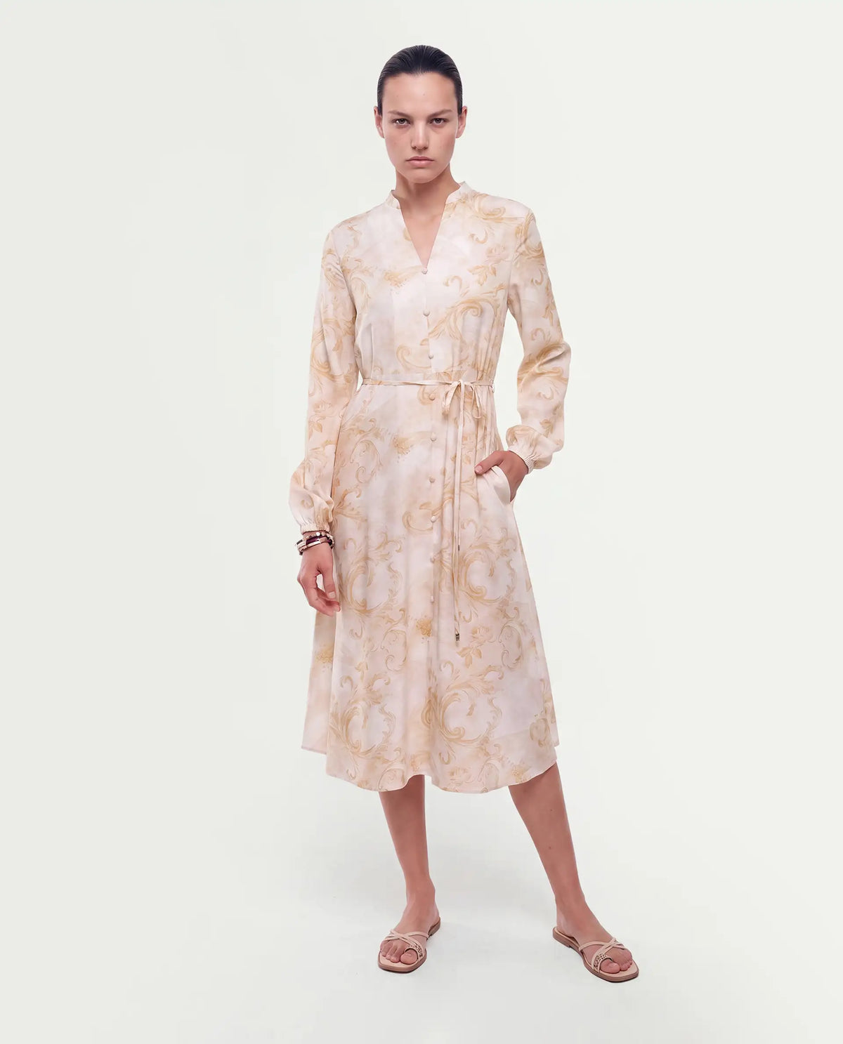 Rareism Women's Stubby Beige Viscose Pull-On A-Line Printed Shirt Dress