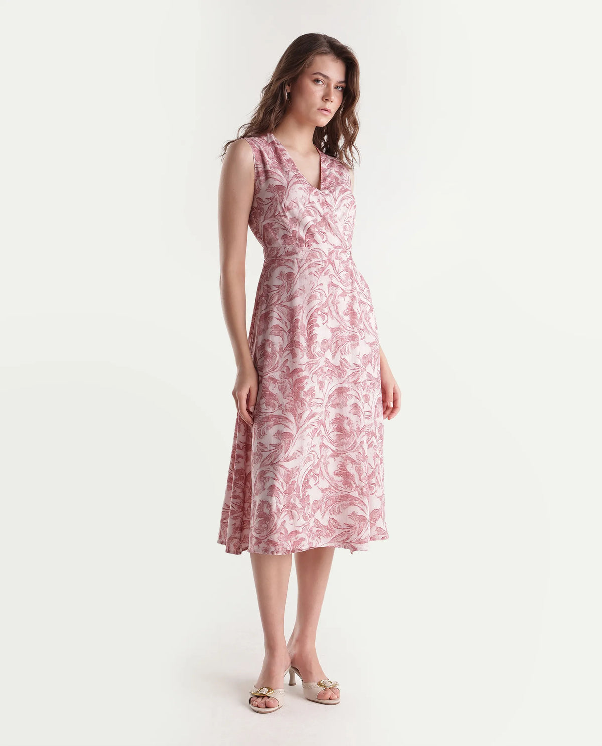 Rareism Women's Silmos Dusky Pink Viscose Button A-Line Printed Dress