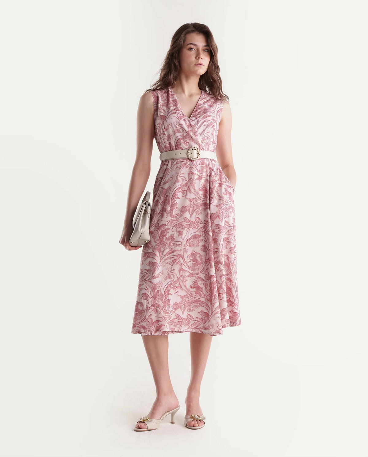 Rareism Women's Silmos Dusky Pink Viscose Button A-Line Printed Dress