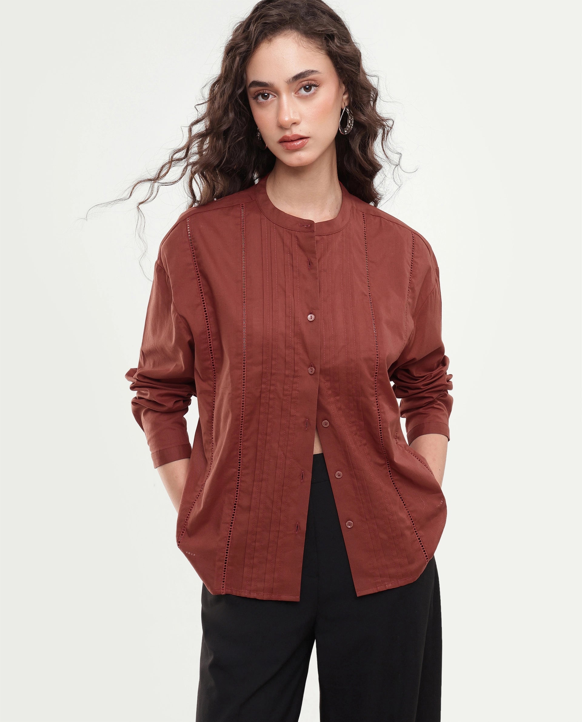 Rareism Women's Otun Rust Plain Cotton Regular Fit Full Sleeve Top