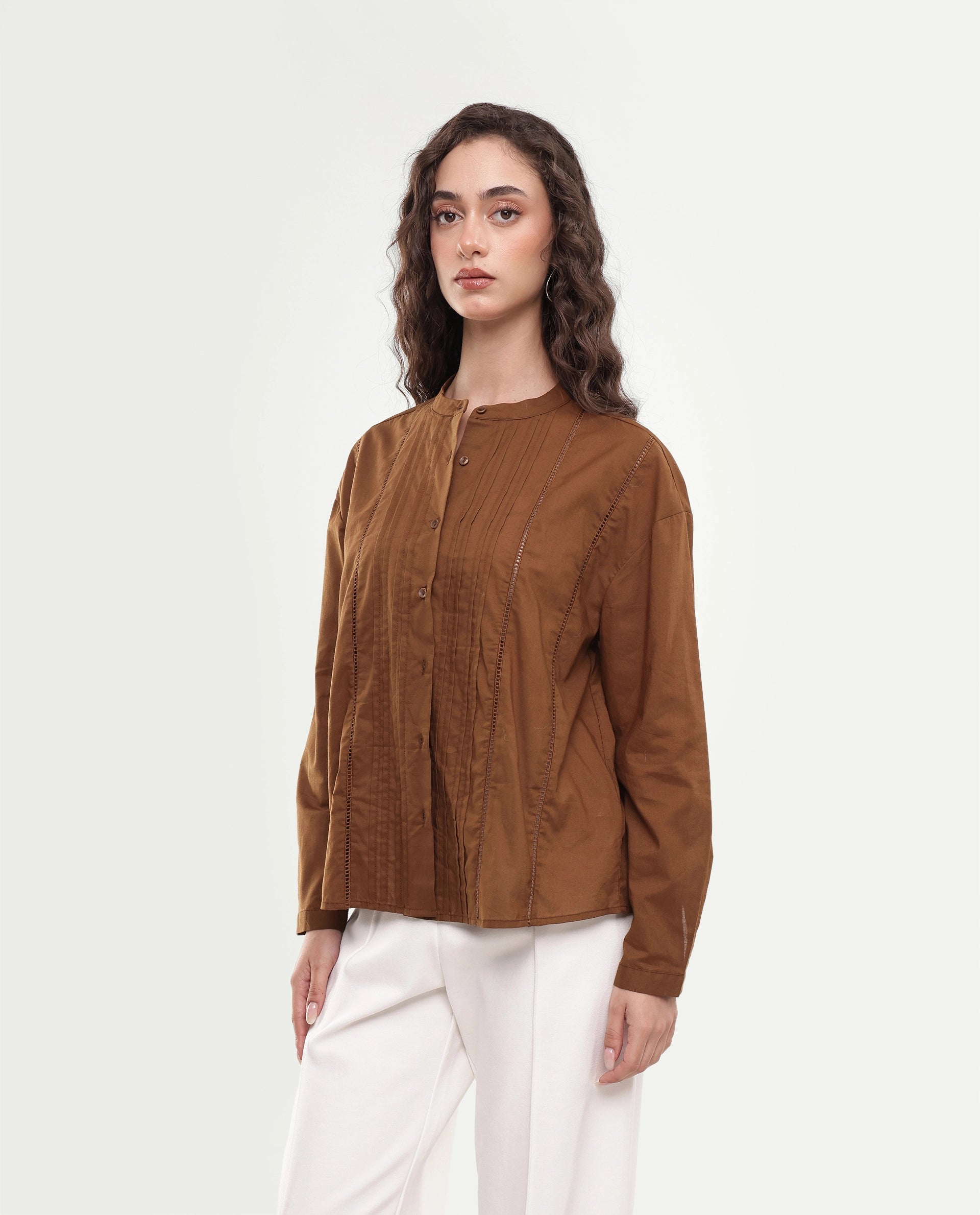 Rareism Women's Otun Dusky Olive Solid Cotton Regular Long Sleeves Top