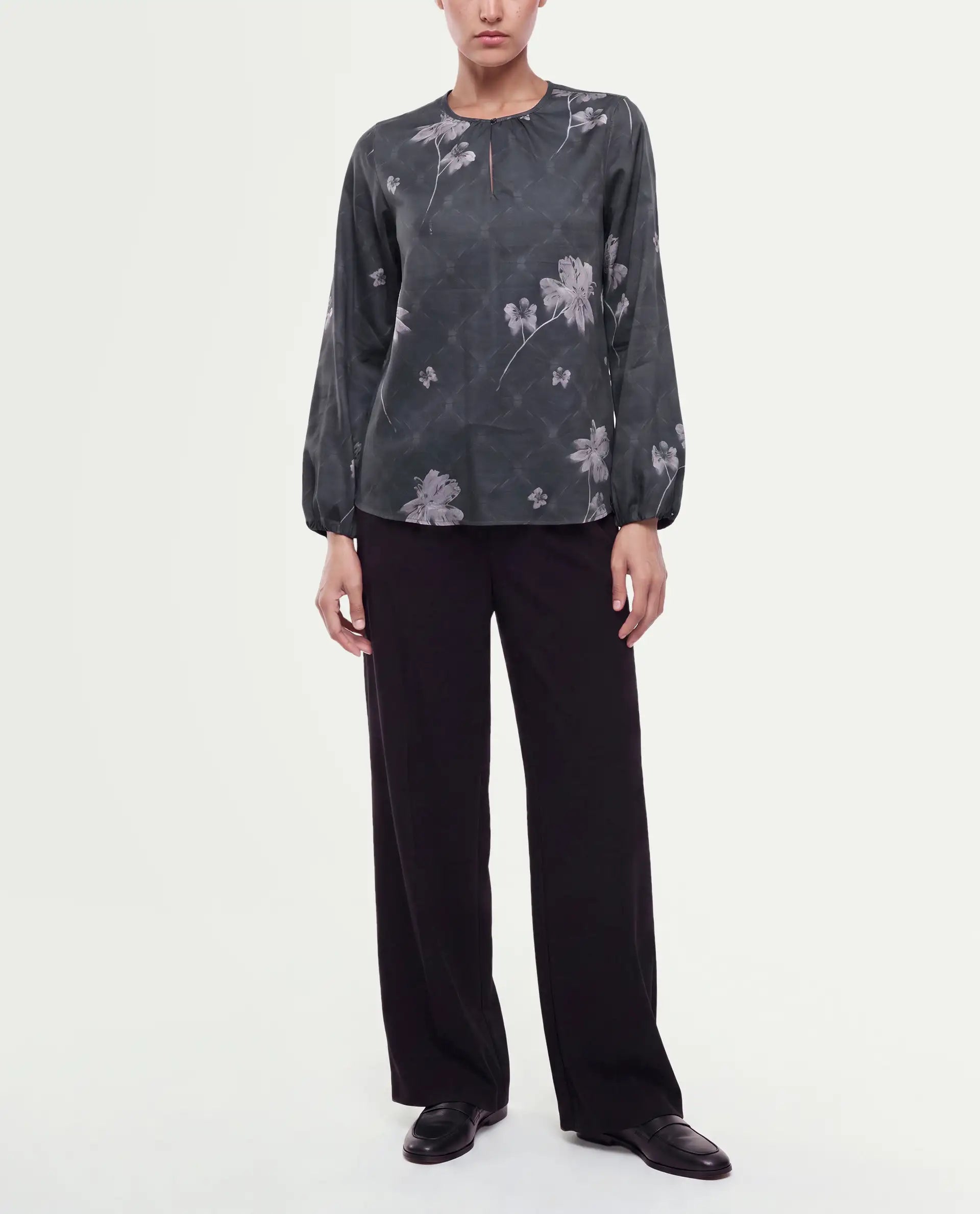 Rareism Women's Odini Black Cotton Blend Button Regular Fit Floral Print Top