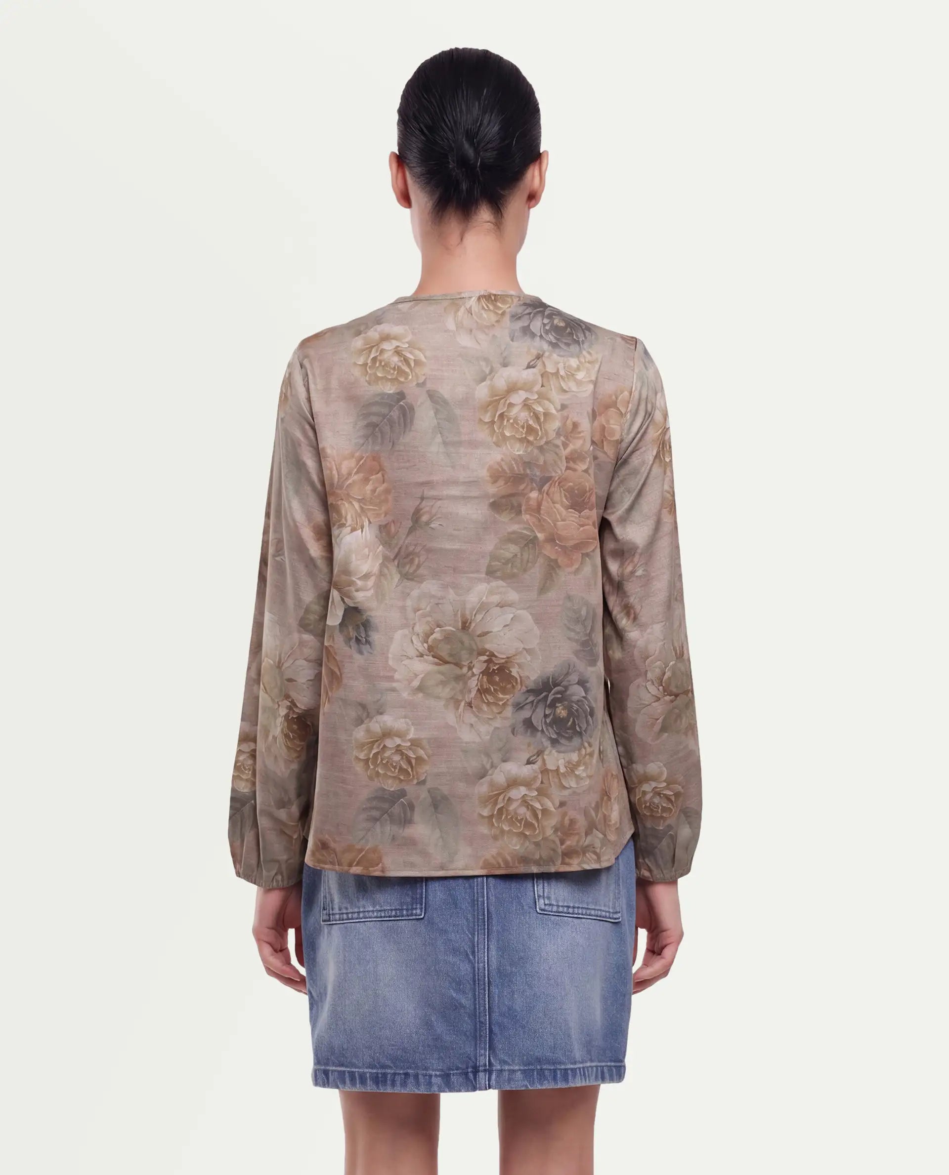 Rareism Women's Odinit Dusky Beige Cotton Blend Button Regular Fit Floral Print Top