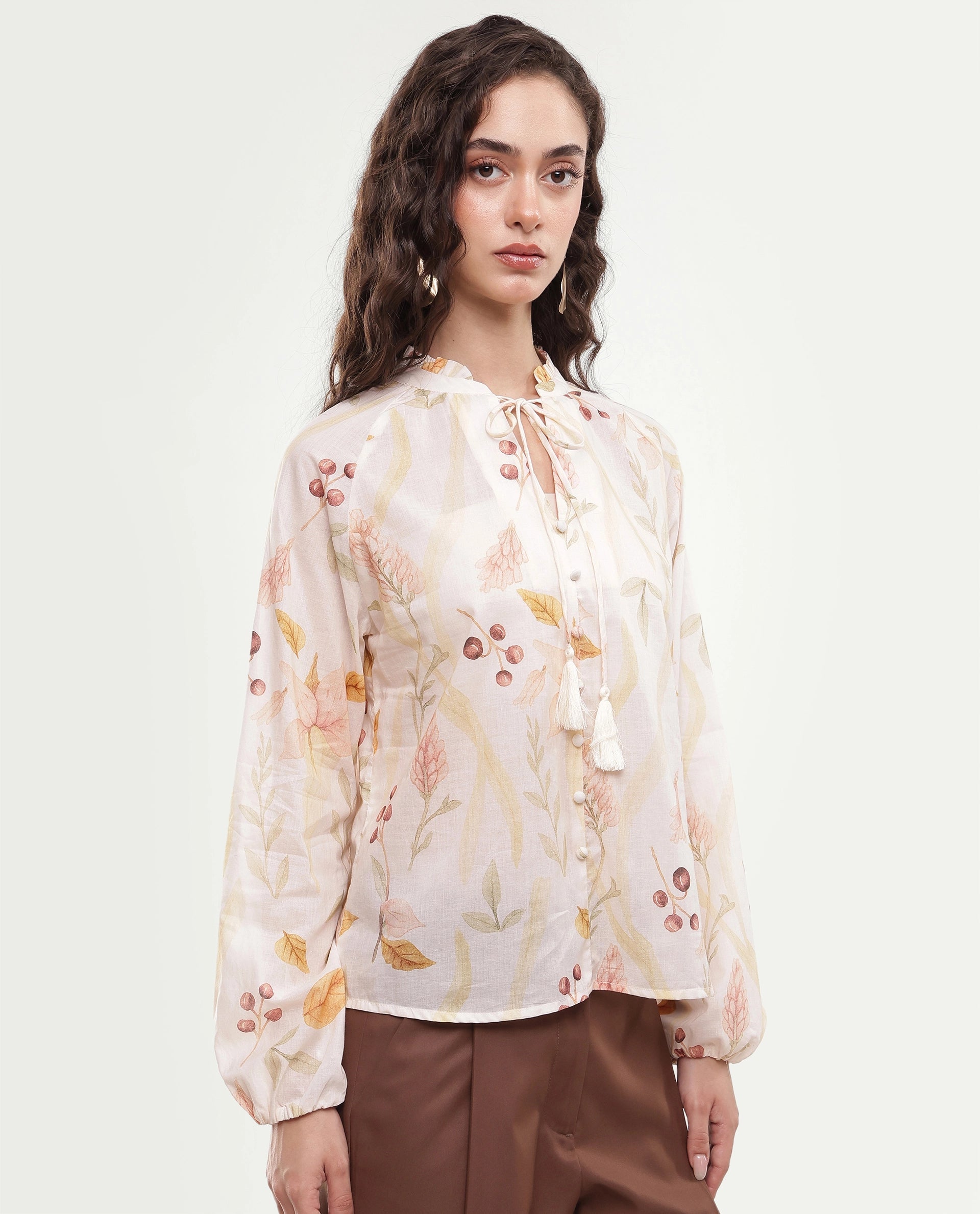 Rareism Women's Olaro Off White Floral Cotton Regular Fit Full Sleeve Top