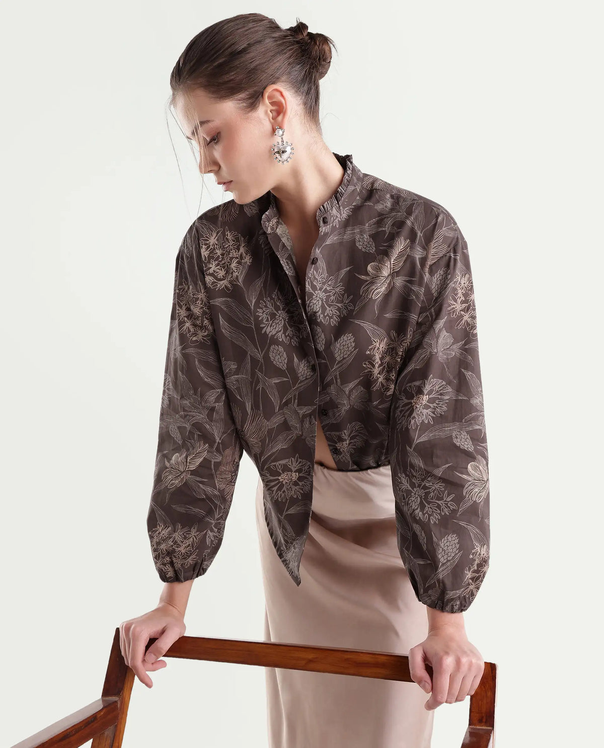 Rareism Women's Overon Dark Brown Cotton Button Regular Fit Floral Print Top