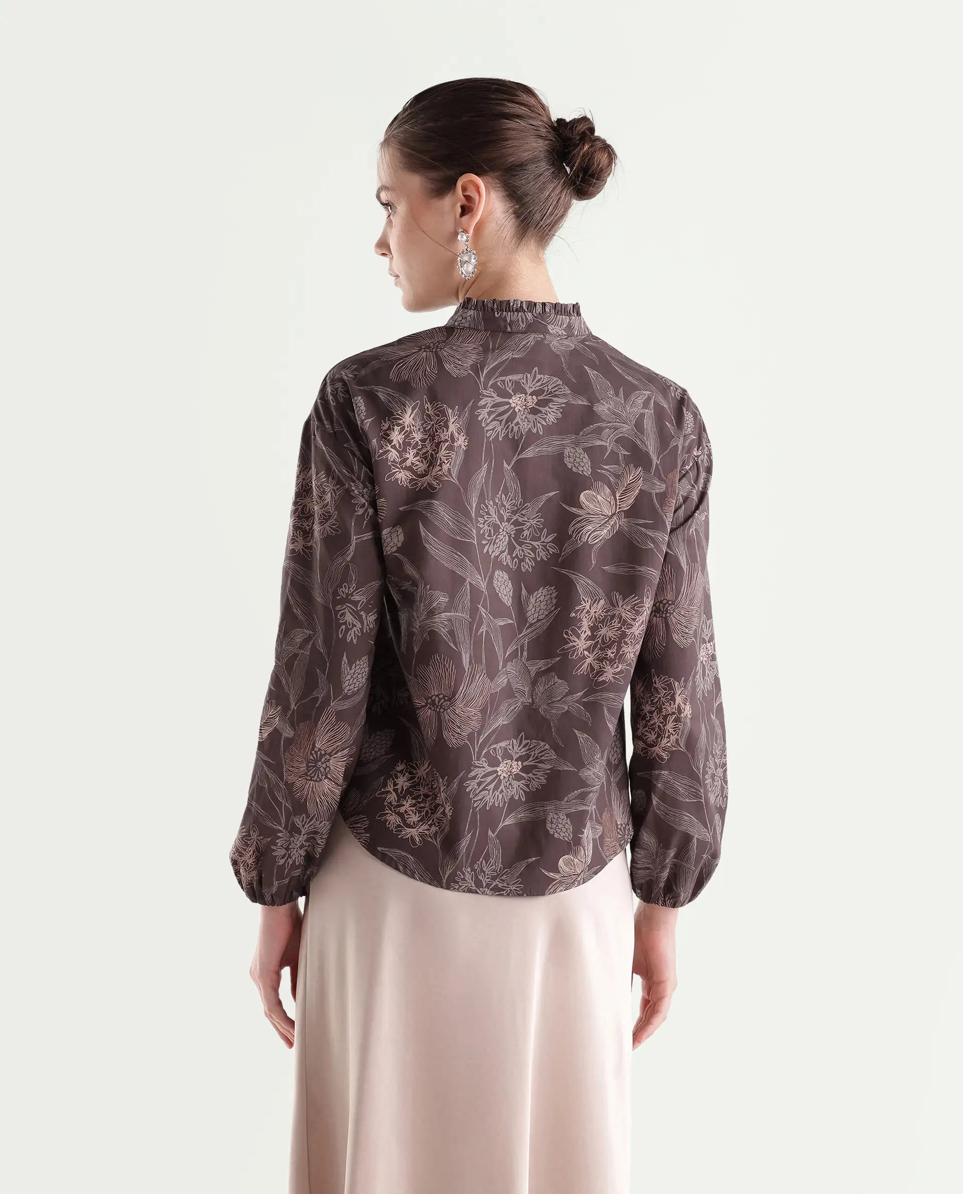 Rareism Women's Overon Dark Brown Cotton Button Regular Fit Floral Print Top