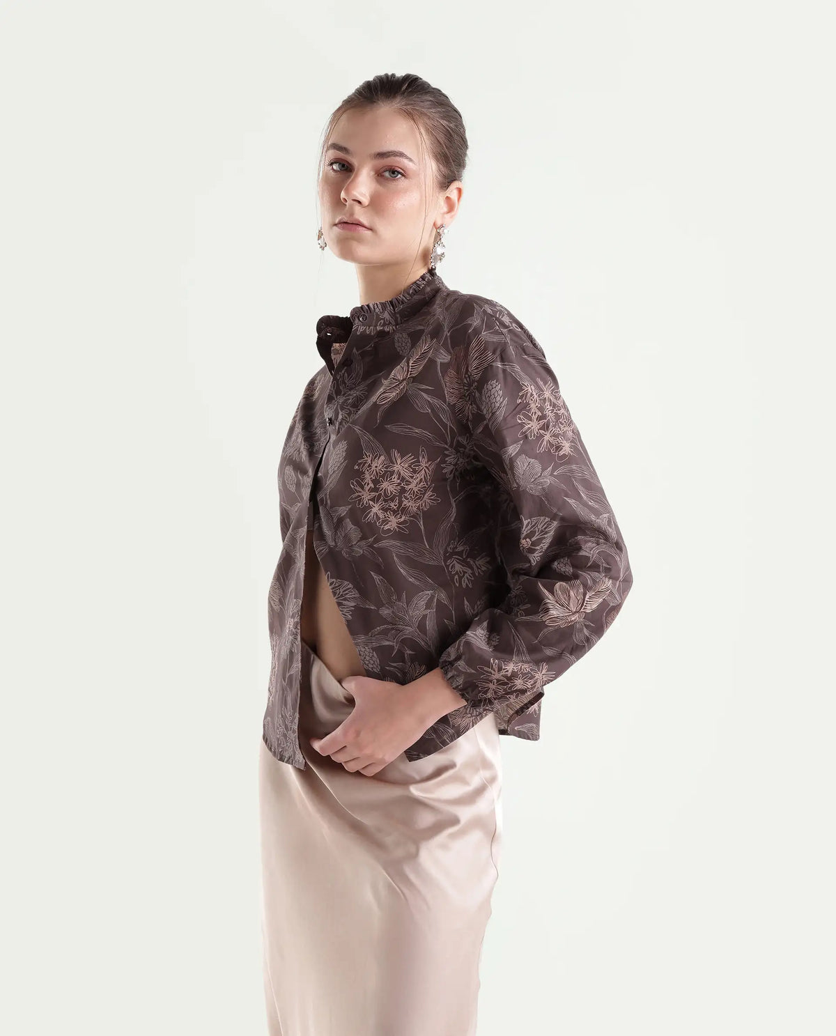 Rareism Women's Overon Dark Brown Cotton Button Regular Fit Floral Print Top