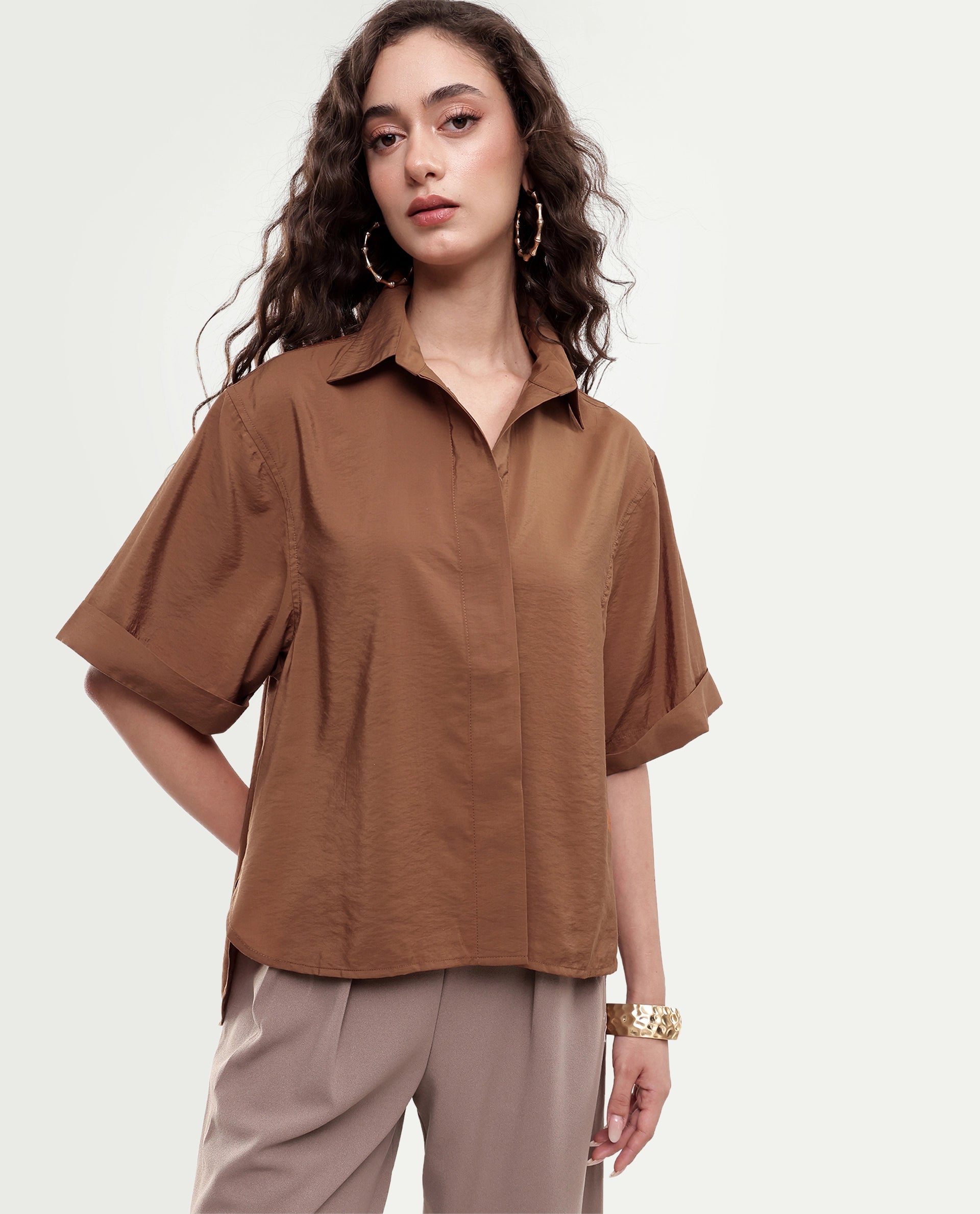 Rareism Women's Obin Primary Mustard Viscose Blend Spread Collar Boxy Plain Shirt