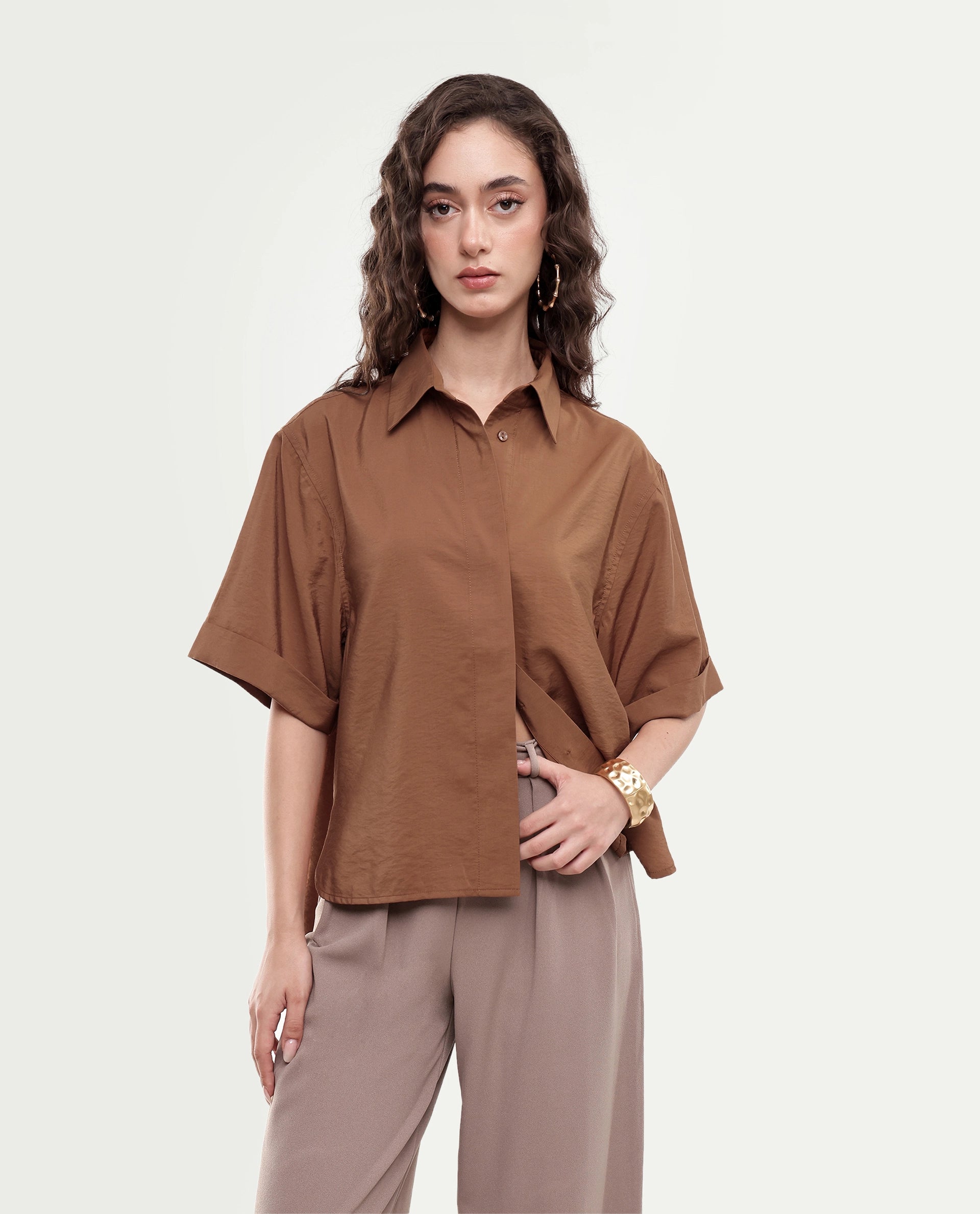 Rareism Women's Obin Primary Mustard Viscose Blend Spread Collar Boxy Plain Shirt