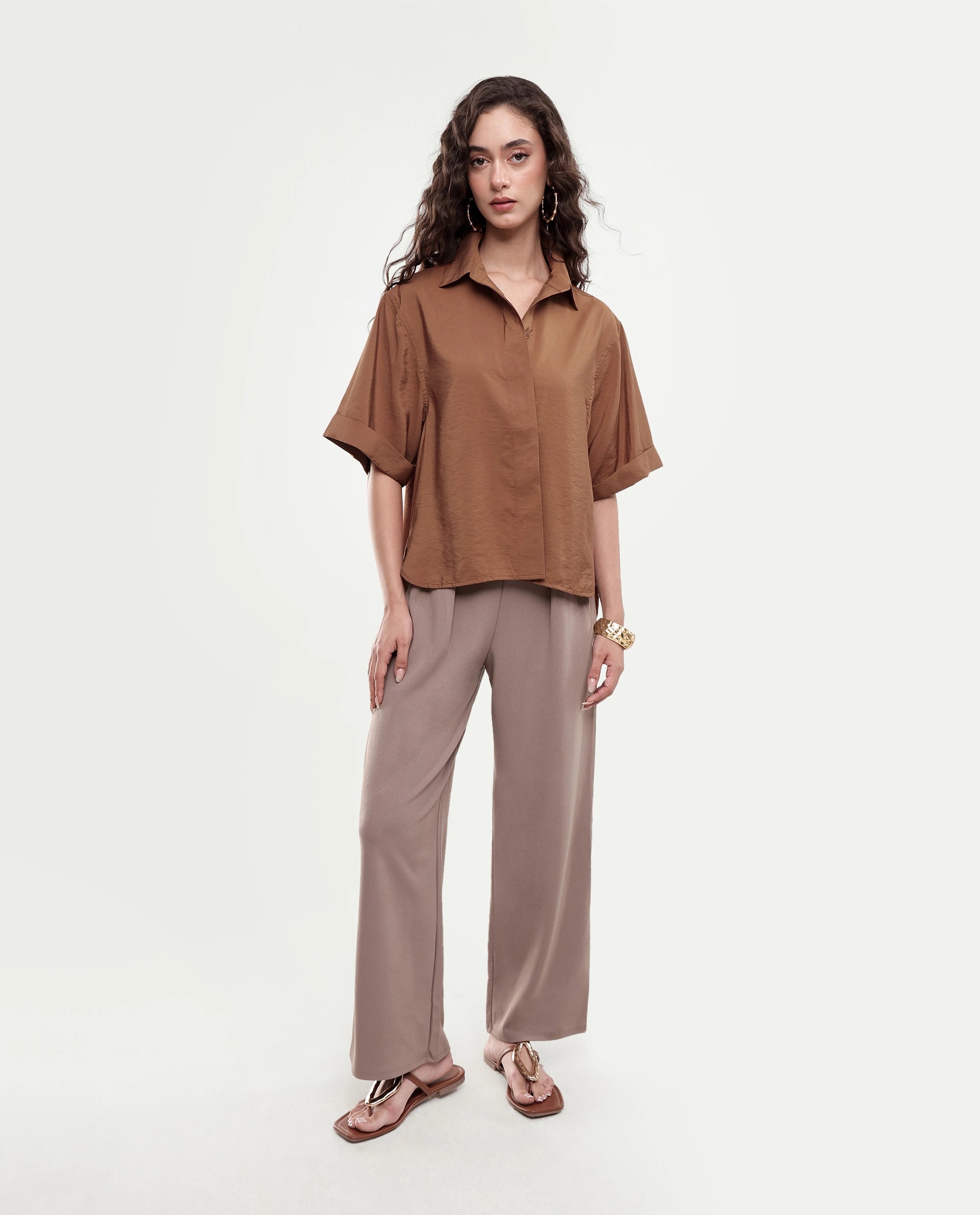 Rareism Women's Obin Primary Mustard Viscose Blend Spread Collar Boxy Plain Shirt
