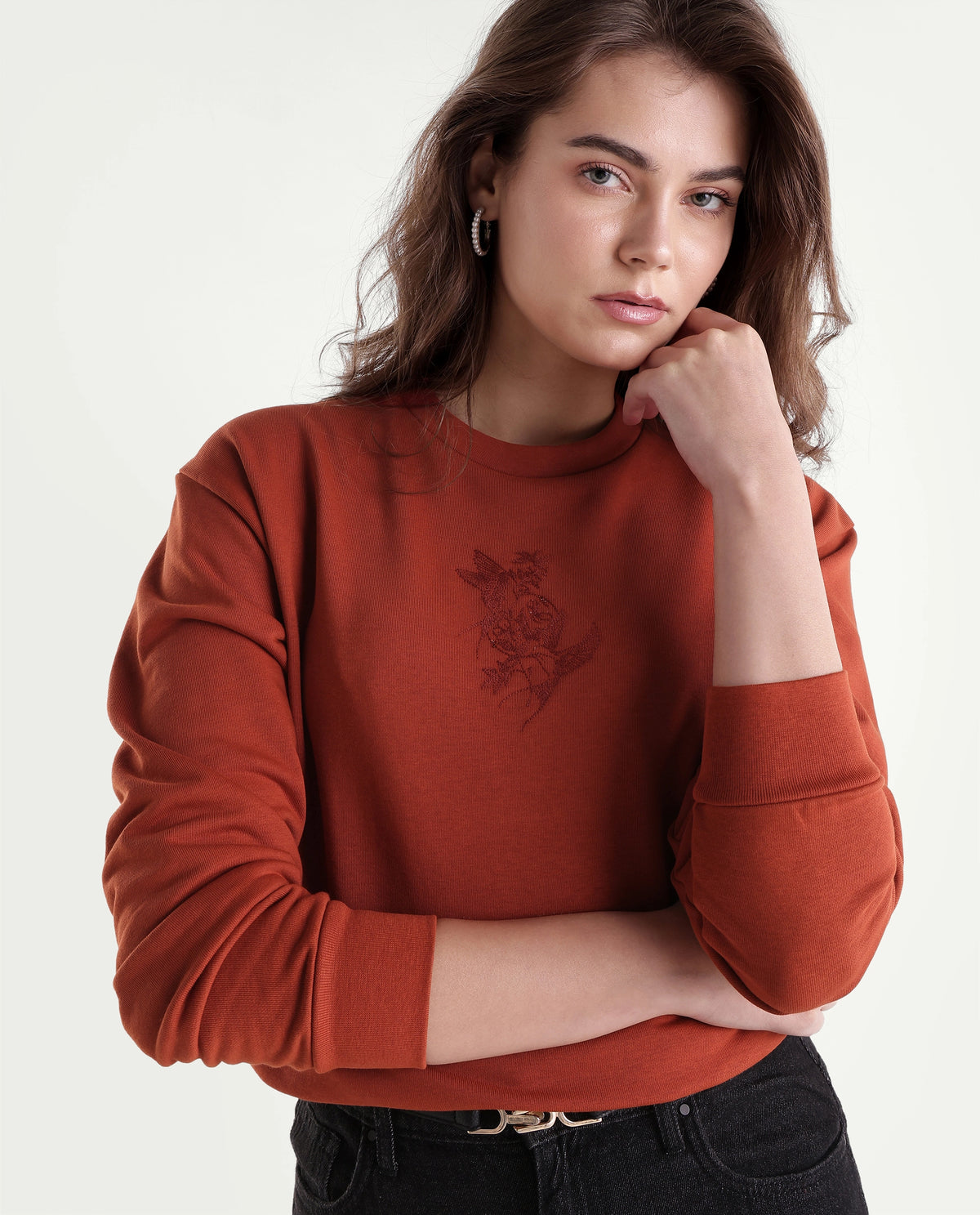 Rareism Women's Ped Dark Orange Cotton Blend Pull-On Relaxed Fit Embroidered Sweatshirt