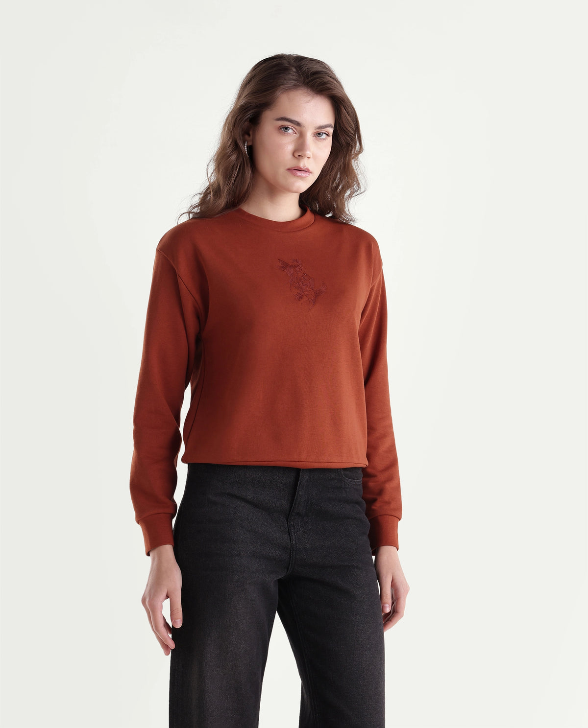 Rareism Women's Ped Dark Orange Cotton Blend Pull-On Relaxed Fit Embroidered Sweatshirt
