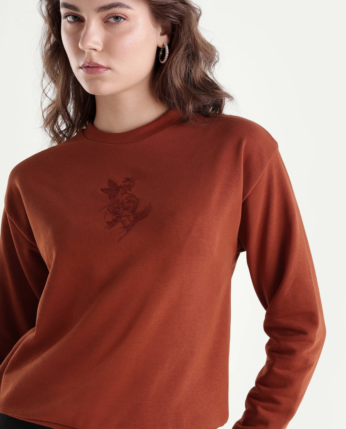 Rareism Women's Ped Dark Orange Cotton Blend Pull-On Relaxed Fit Embroidered Sweatshirt