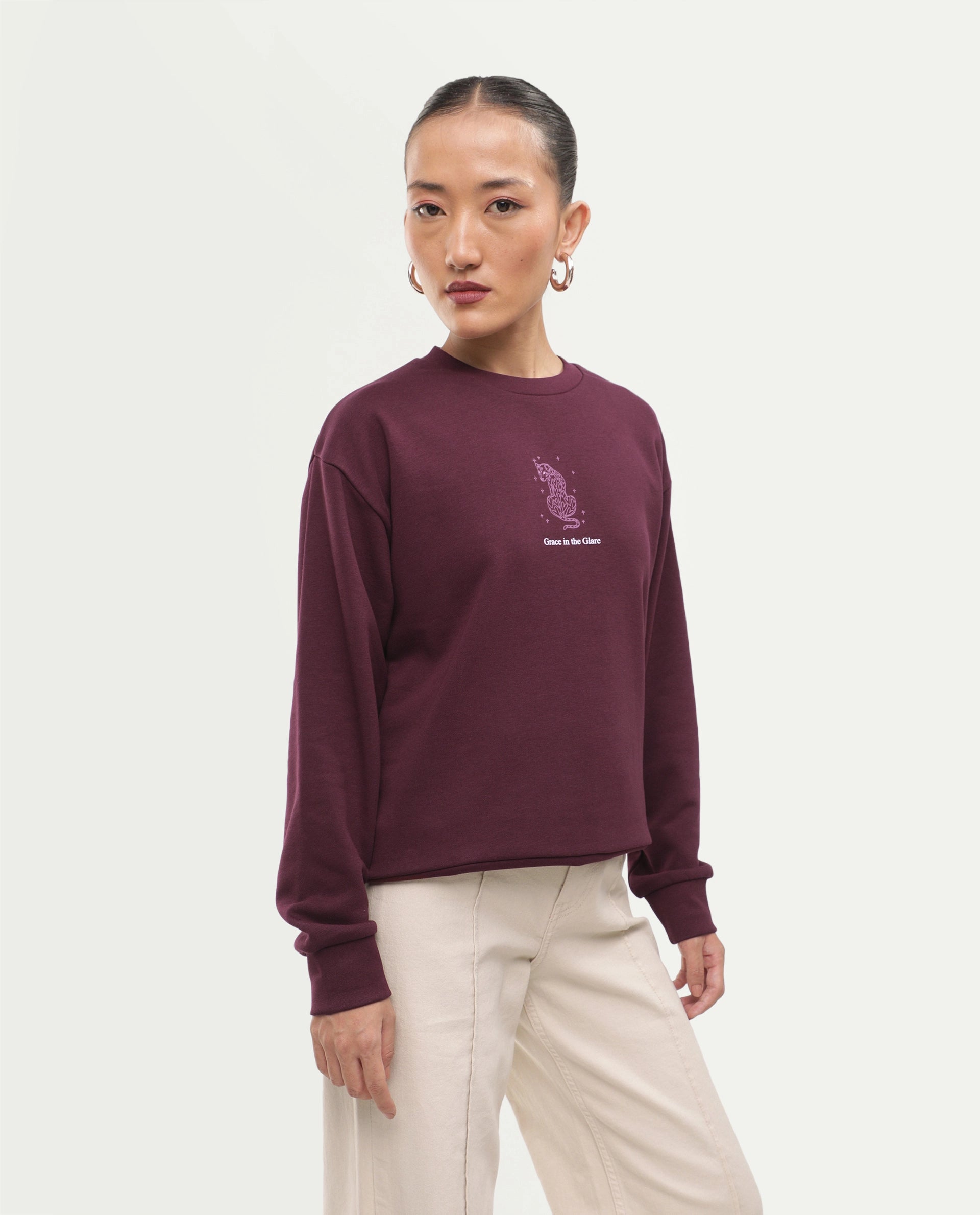 Rareism Women's Poot Dark Maroon Cotton Blend Pull-On Regular Fit Printed Sweatshirt