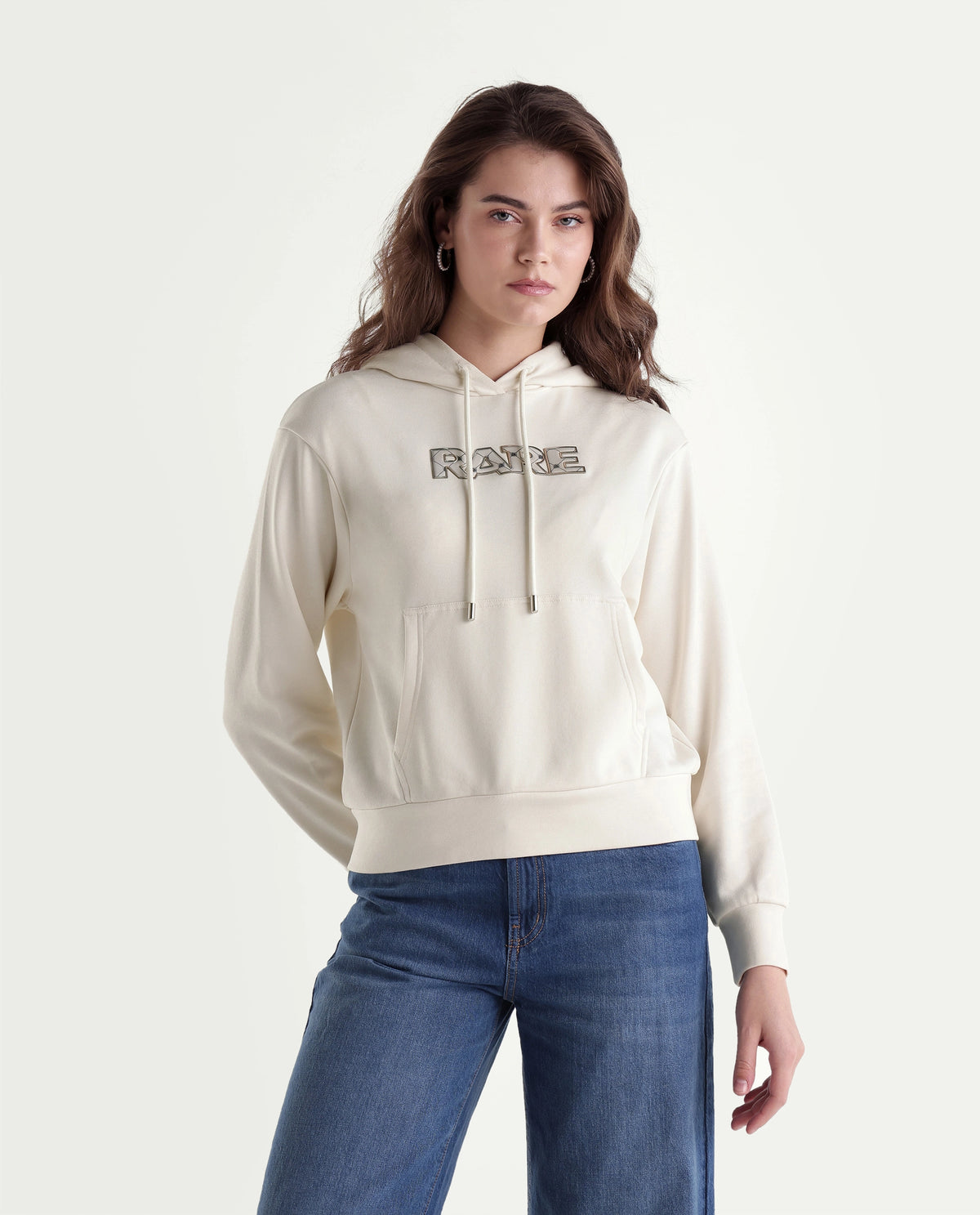Rareism Women's Prob Off White Cotton Blend Drawstring Relaxed Fit Hd Print Sweatshirt