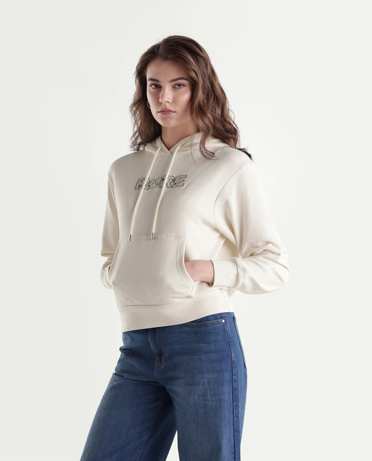 Rareism Women's Prob Off White Cotton Blend Drawstring Relaxed Fit Hd Print Sweatshirt