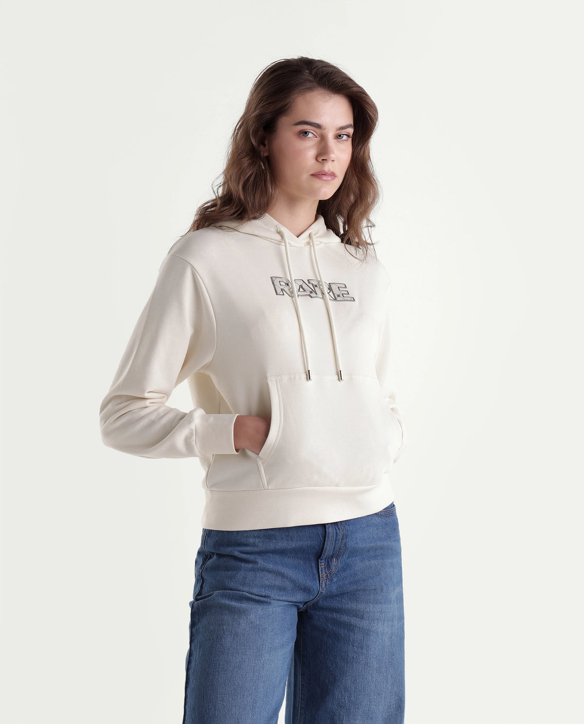 Rareism Women's Prob Off White Cotton Blend Drawstring Relaxed Fit Hd Print Sweatshirt