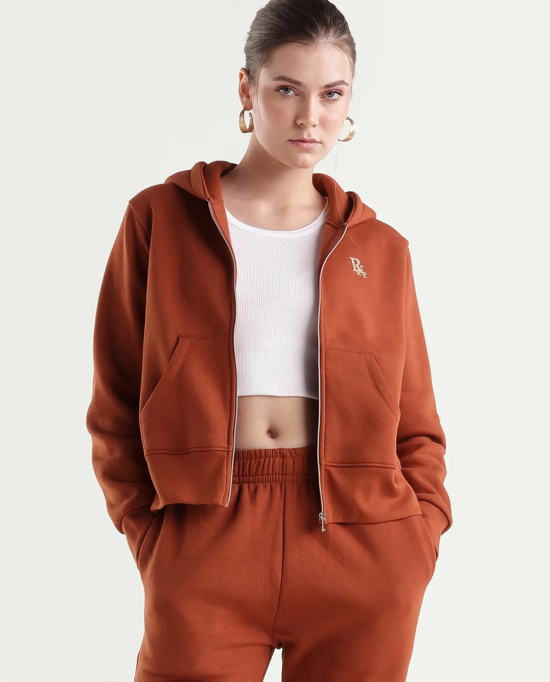 Rareism Women's Pod-T Dark Orange Cotton Blend Zipper Regular Fit Hd Print Sweatshirt