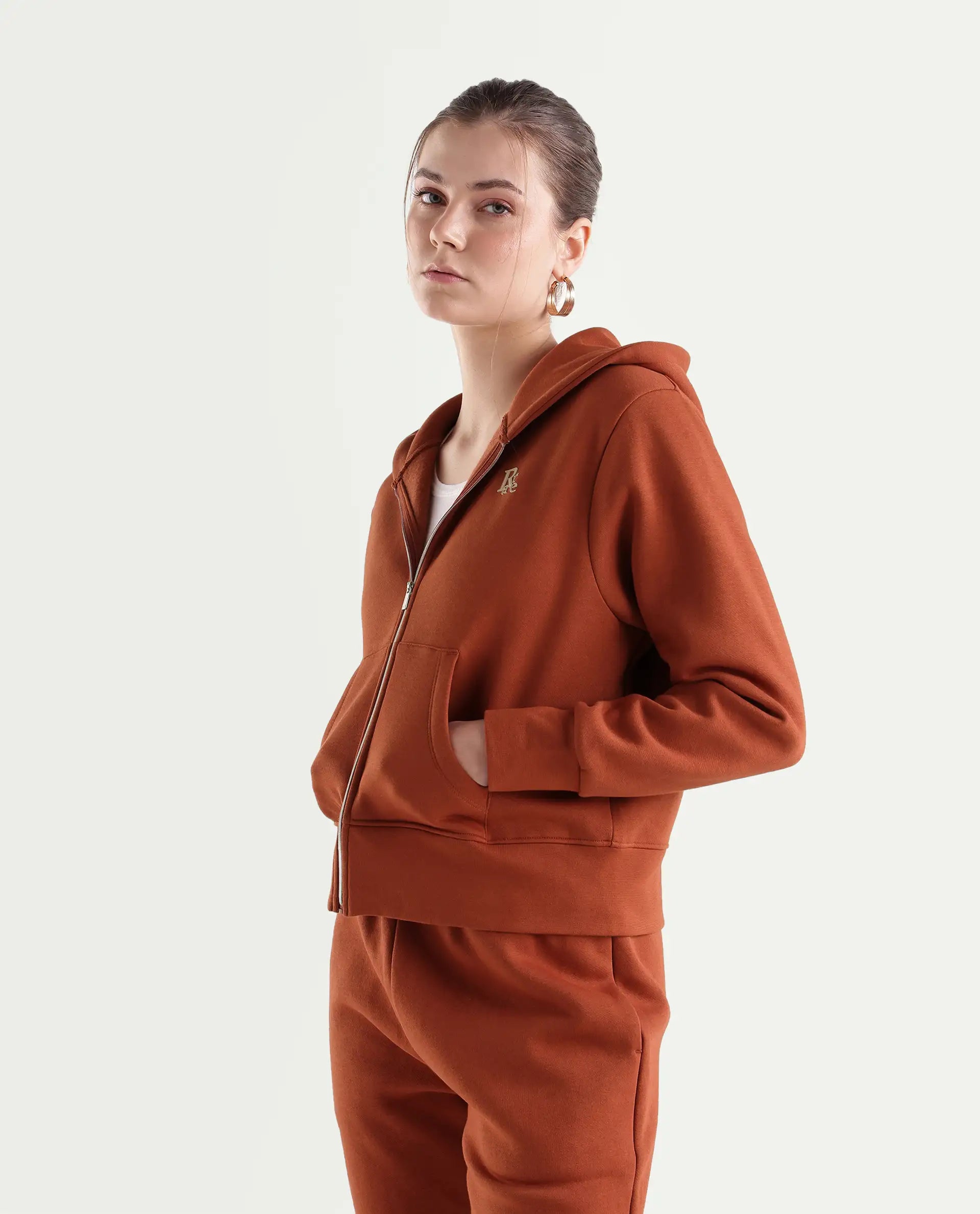 Rareism Women's Pod-T Dark Orange Cotton Blend Zipper Regular Fit Hd Print Sweatshirt