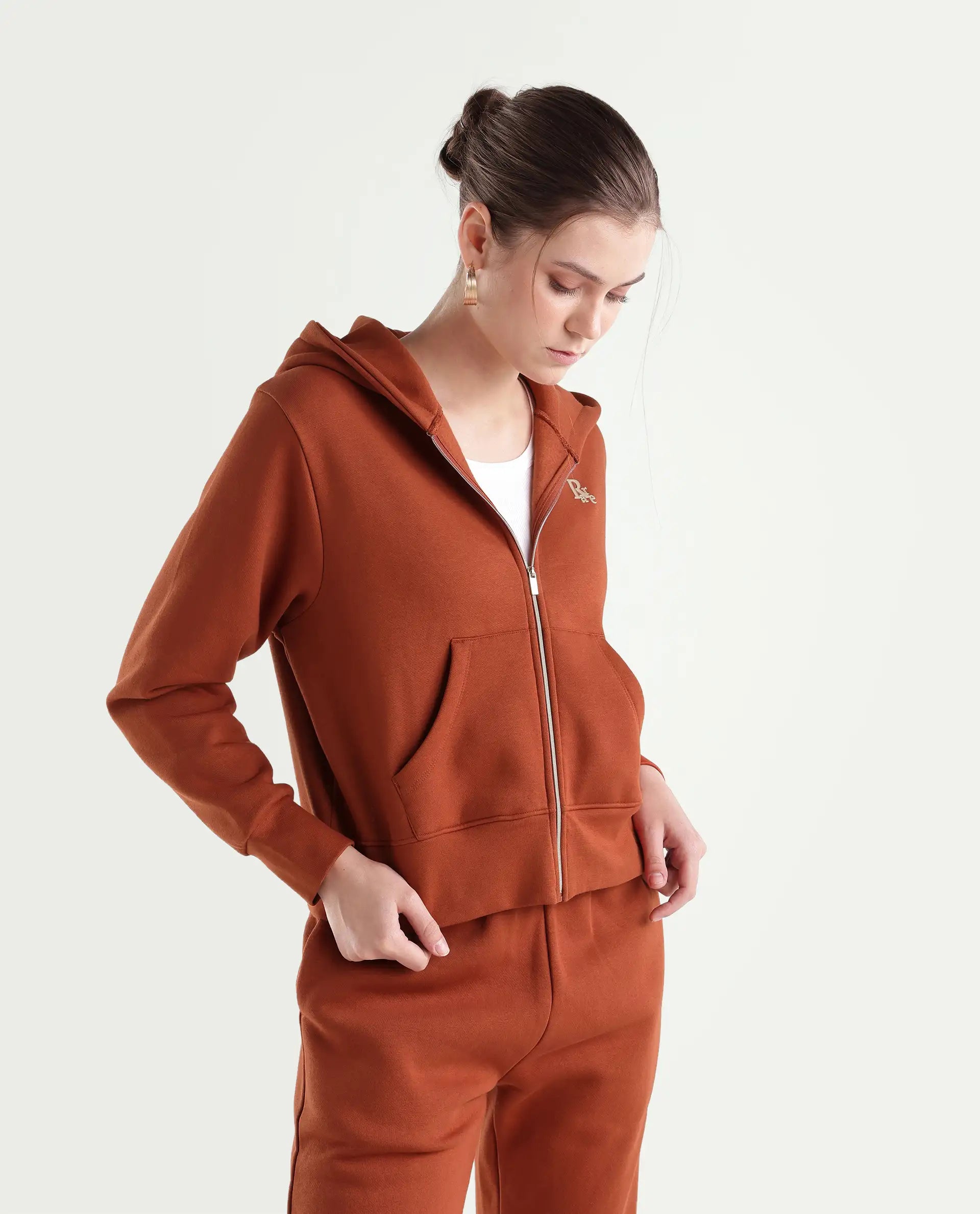 Rareism Women's Pod-T Dark Orange Cotton Blend Zipper Regular Fit Hd Print Sweatshirt