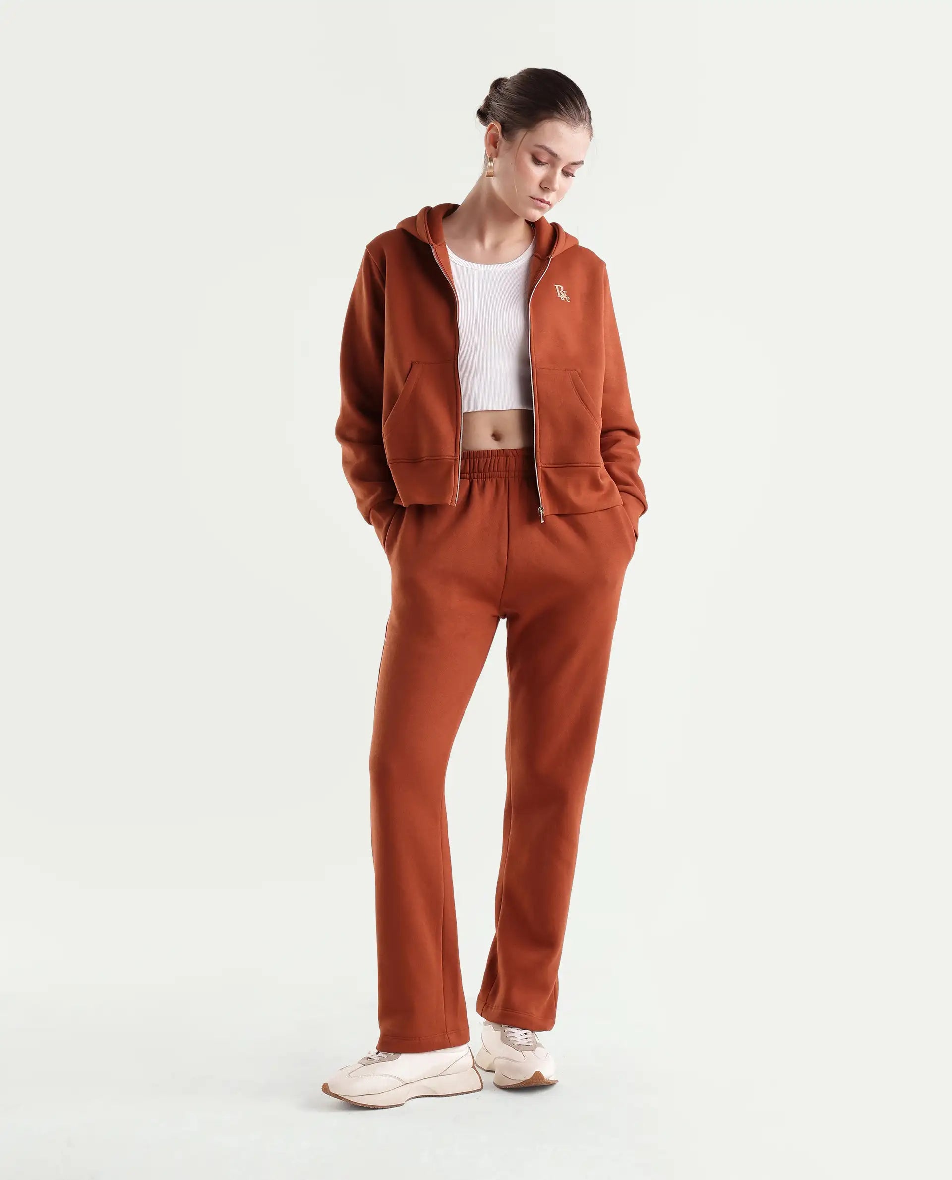 Rareism Women's Pod-T Dark Orange Cotton Blend Zipper Regular Fit Hd Print Sweatshirt