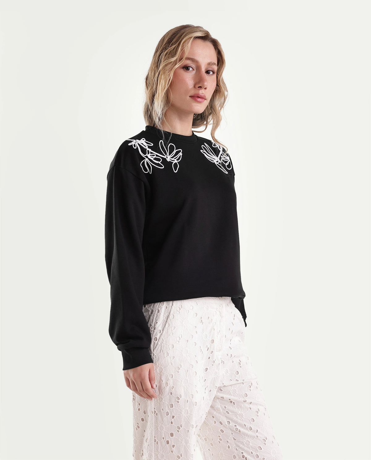 Rareism Women's Plat Black Cotton Blend Pull-On Relaxed Fit Floral Print Sweatshirt - image 6