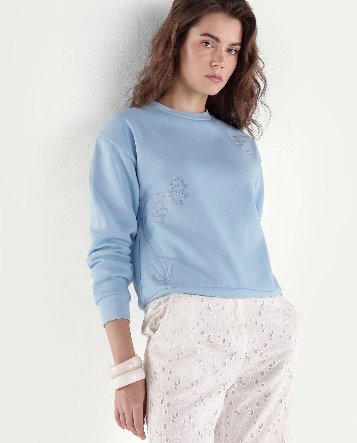 Rareism Women's Pigmy Light Blue Cotton Blend Relaxed Fit Embroidered Sweatshirt