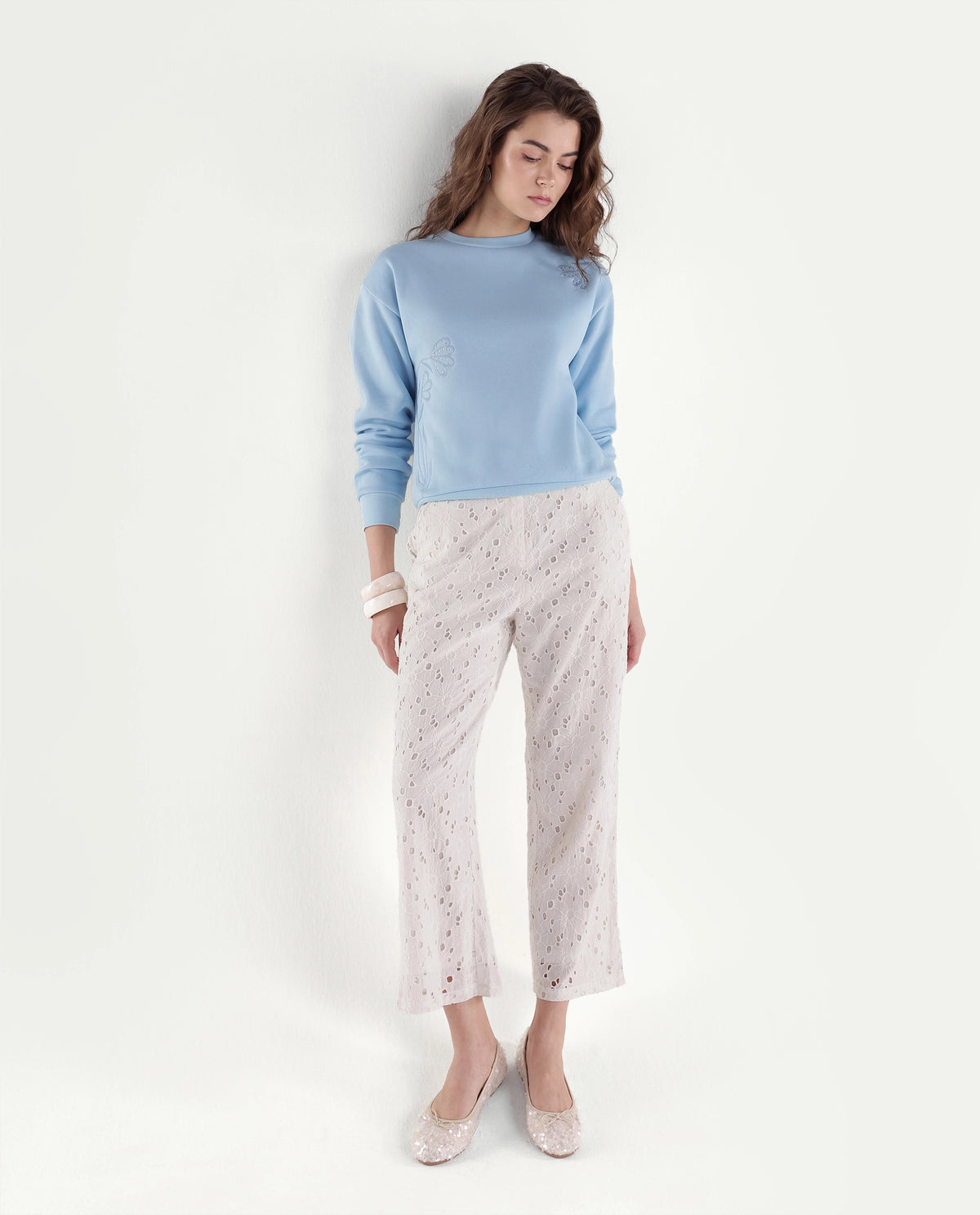 Rareism Women's Pigmy Light Blue Cotton Blend Relaxed Fit Embroidered Sweatshirt