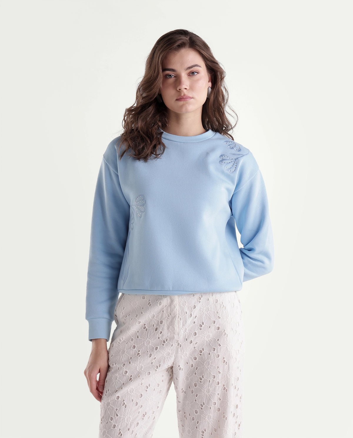 Rareism Women's Pigmy Light Blue Cotton Blend Relaxed Fit Embroidered Sweatshirt