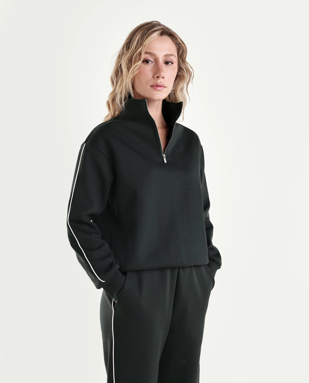Rareism Women's Pint-T Dark Olive Cotton Blend Zipper Relaxed Fit Sweatshirt