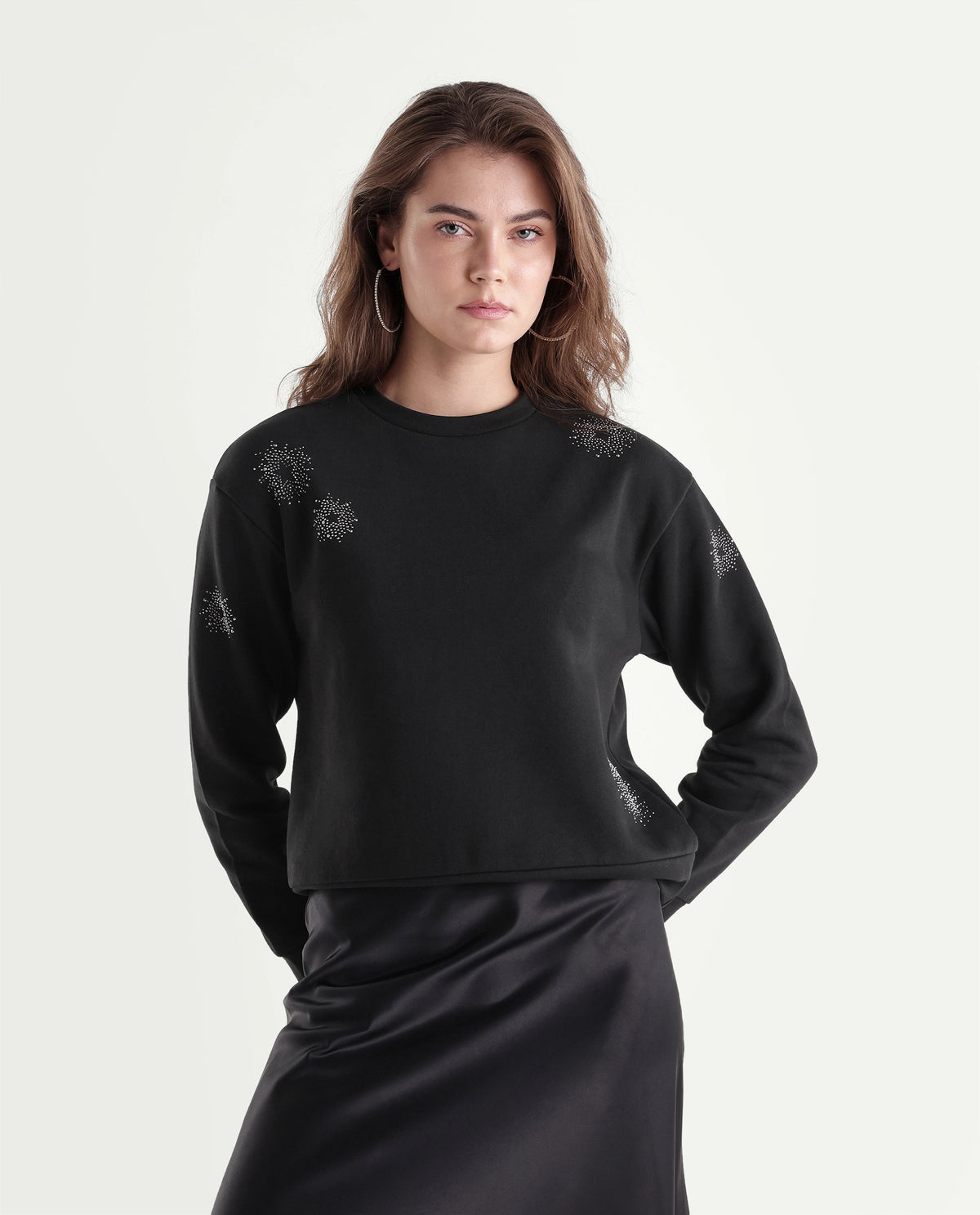 Rareism Women's Puff Black Cotton Blend Pull-On Relaxed Fit Printed Sweatshirt