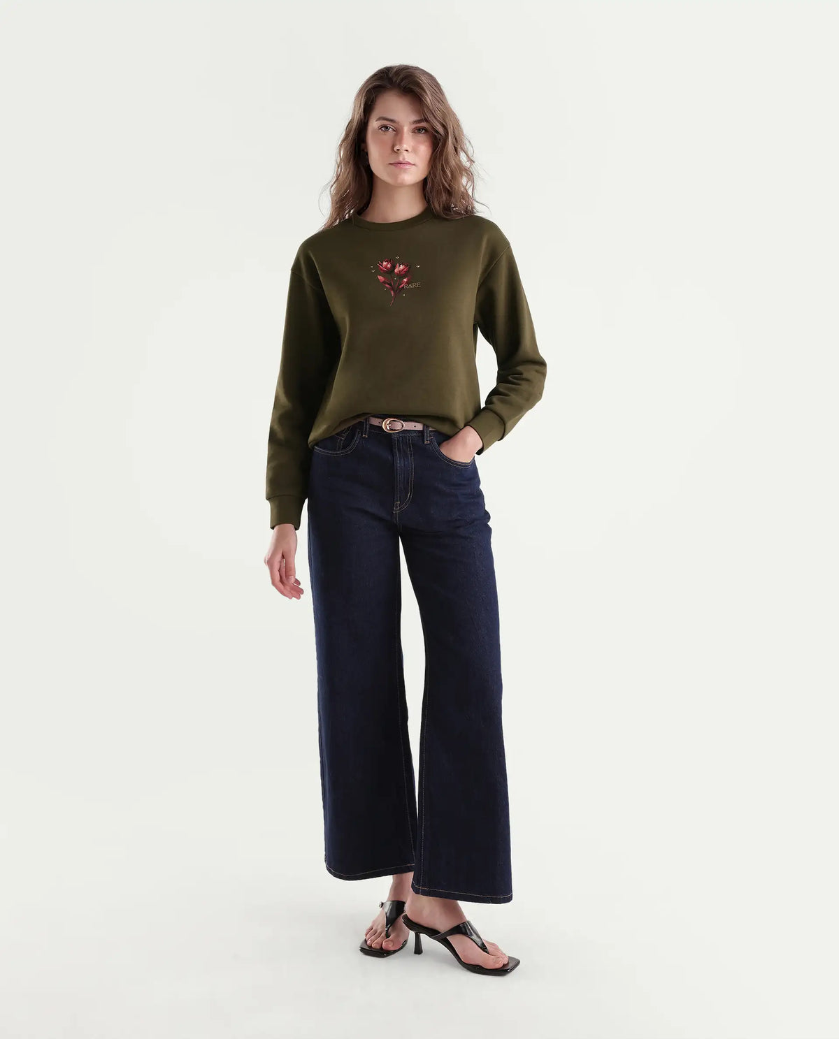 Rareism Women's Proxy Light Olive Cotton Blend Pull-On Relaxed Fit Printed Sweatshirt