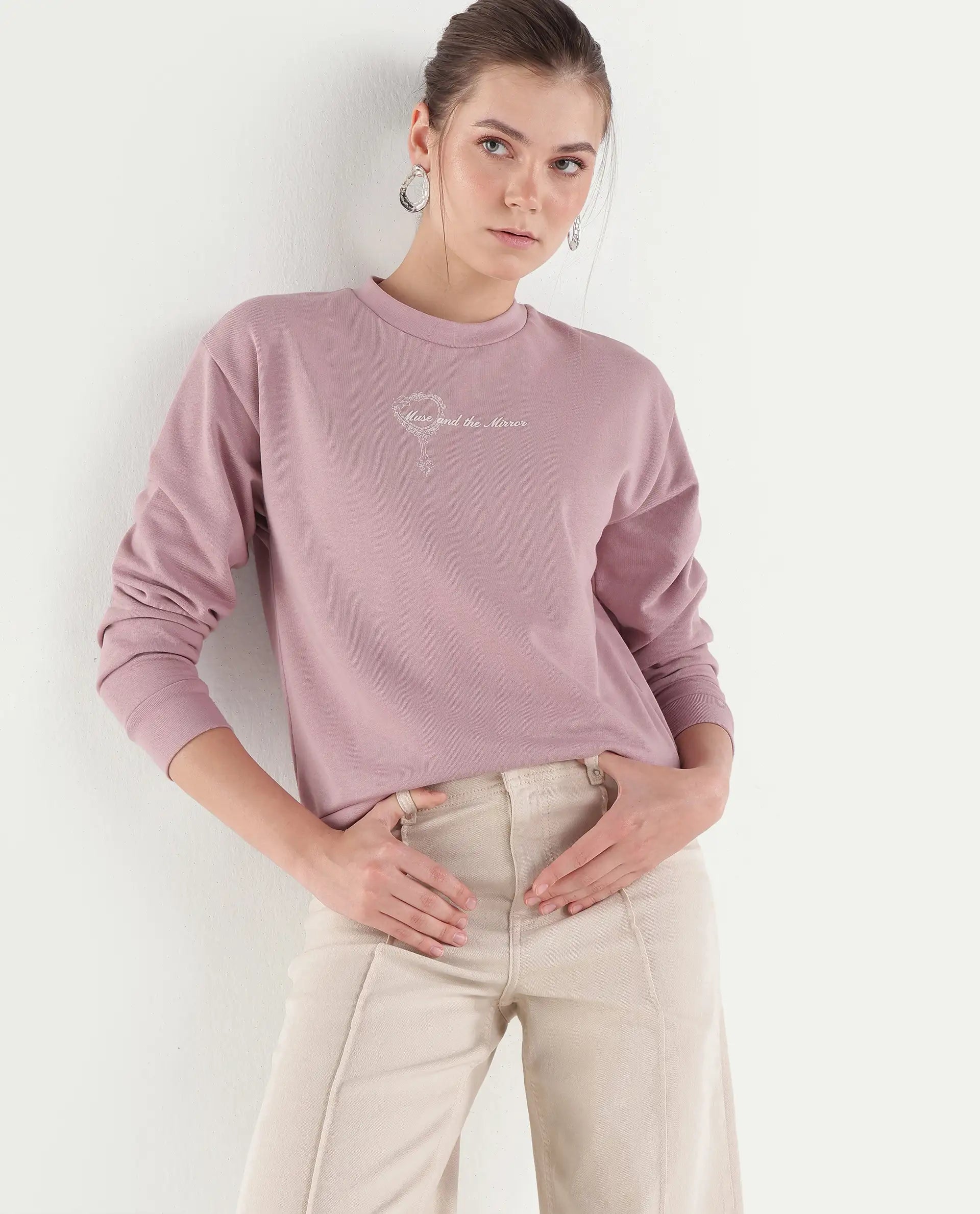 Rareism Women's Prim Dusky Pink Cotton Blend Pull-On Relaxed Fit Hd Print Sweatshirt