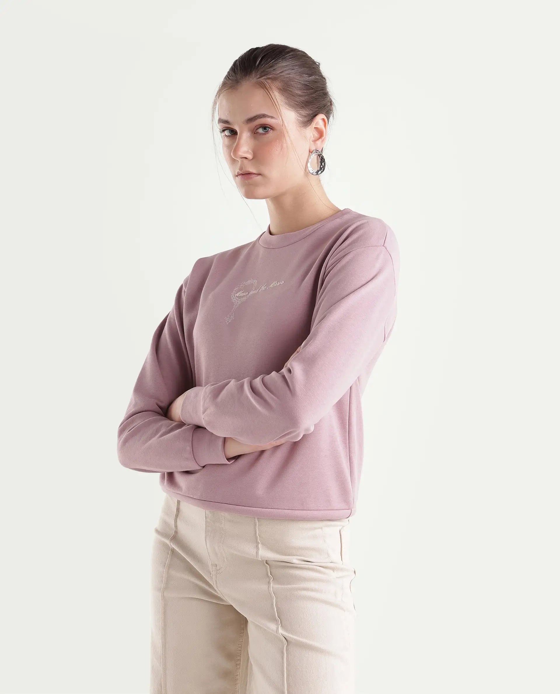 Rareism Women's Prim Dusky Pink Cotton Blend Pull-On Relaxed Fit Hd Print Sweatshirt