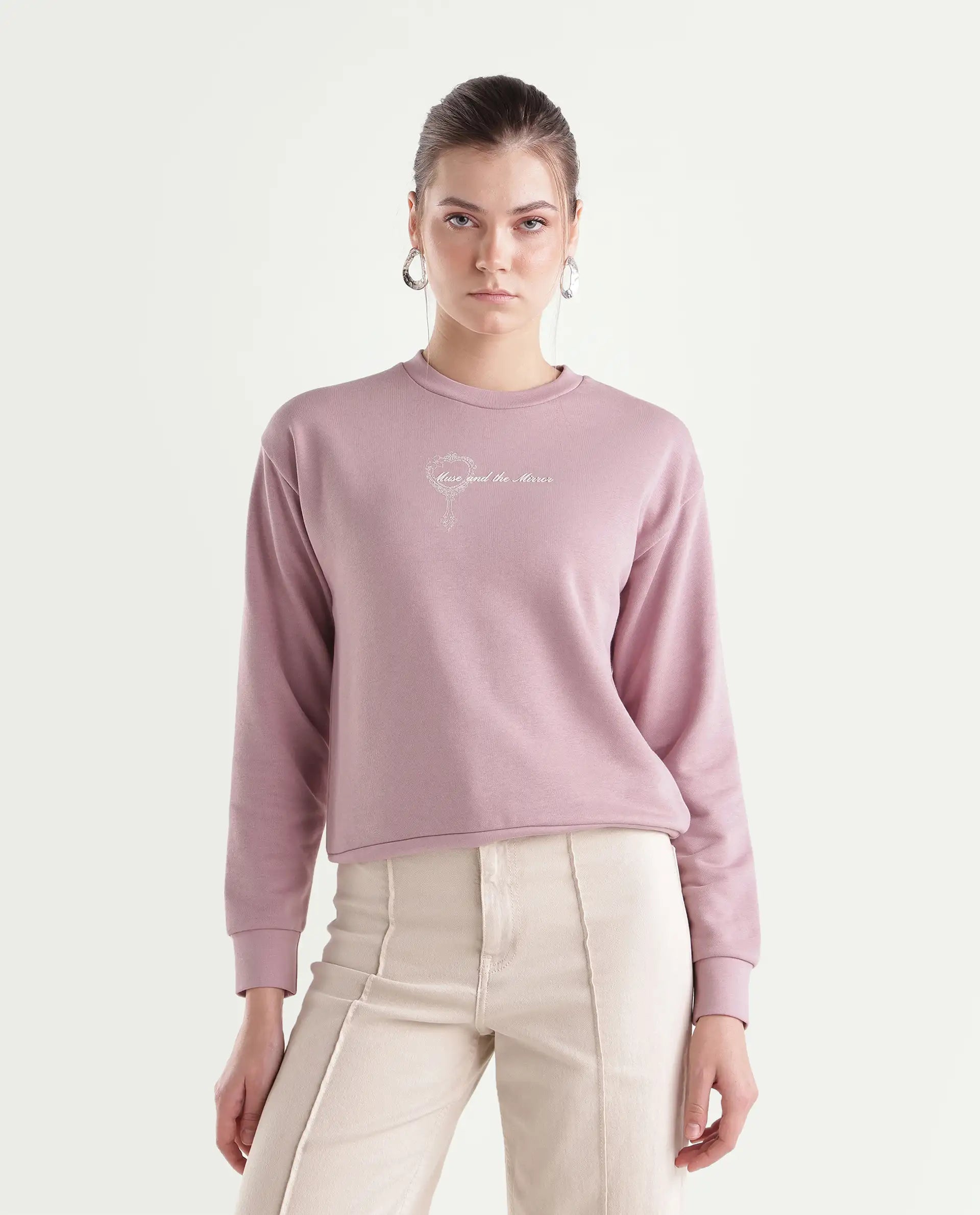 Rareism Women's Prim Dusky Pink Cotton Blend Pull-On Relaxed Fit Hd Print Sweatshirt