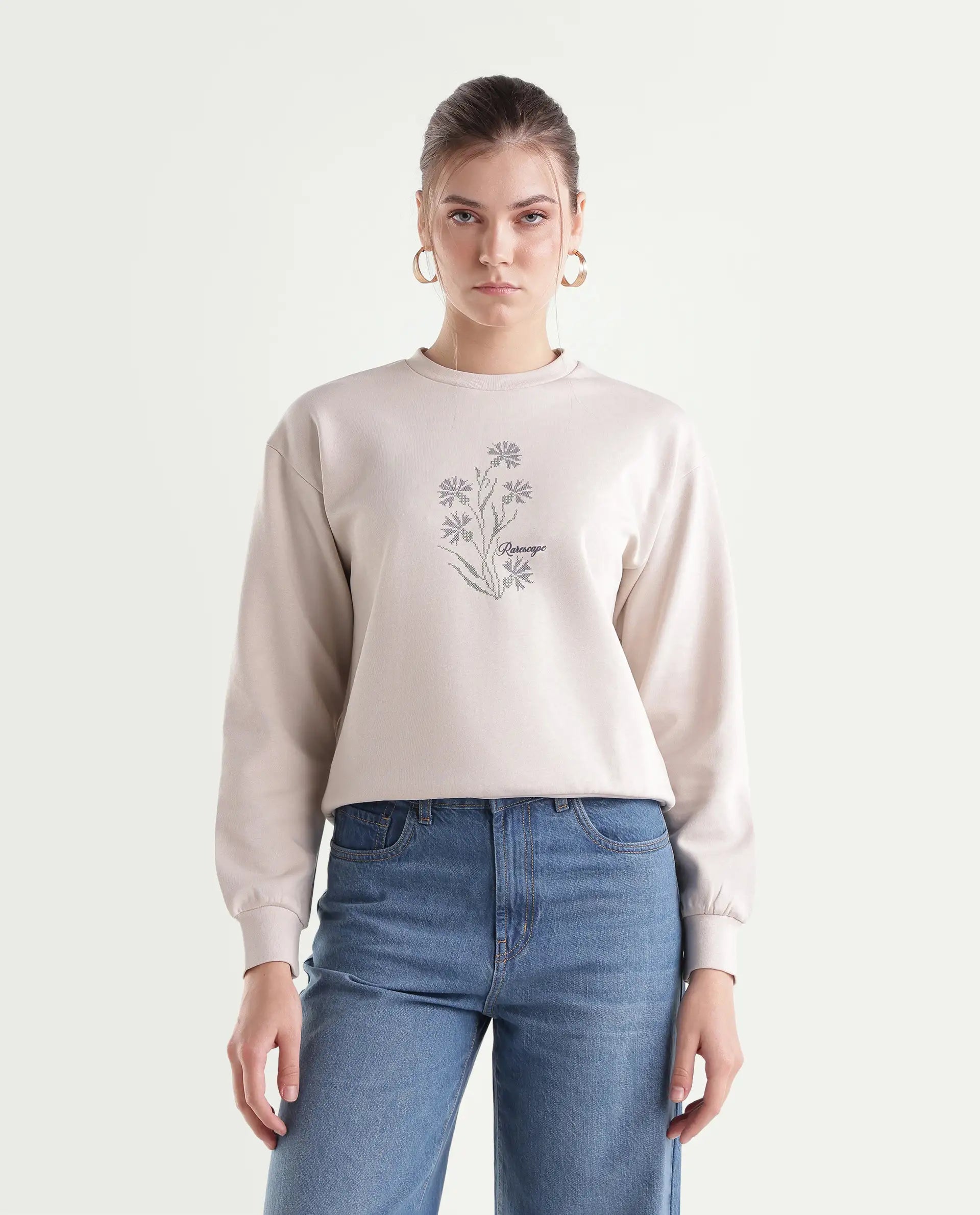 Rareism Women's Proof Light Beige Cotton Blend Pull-On Relaxed Fit Floral Print Sweatshirt