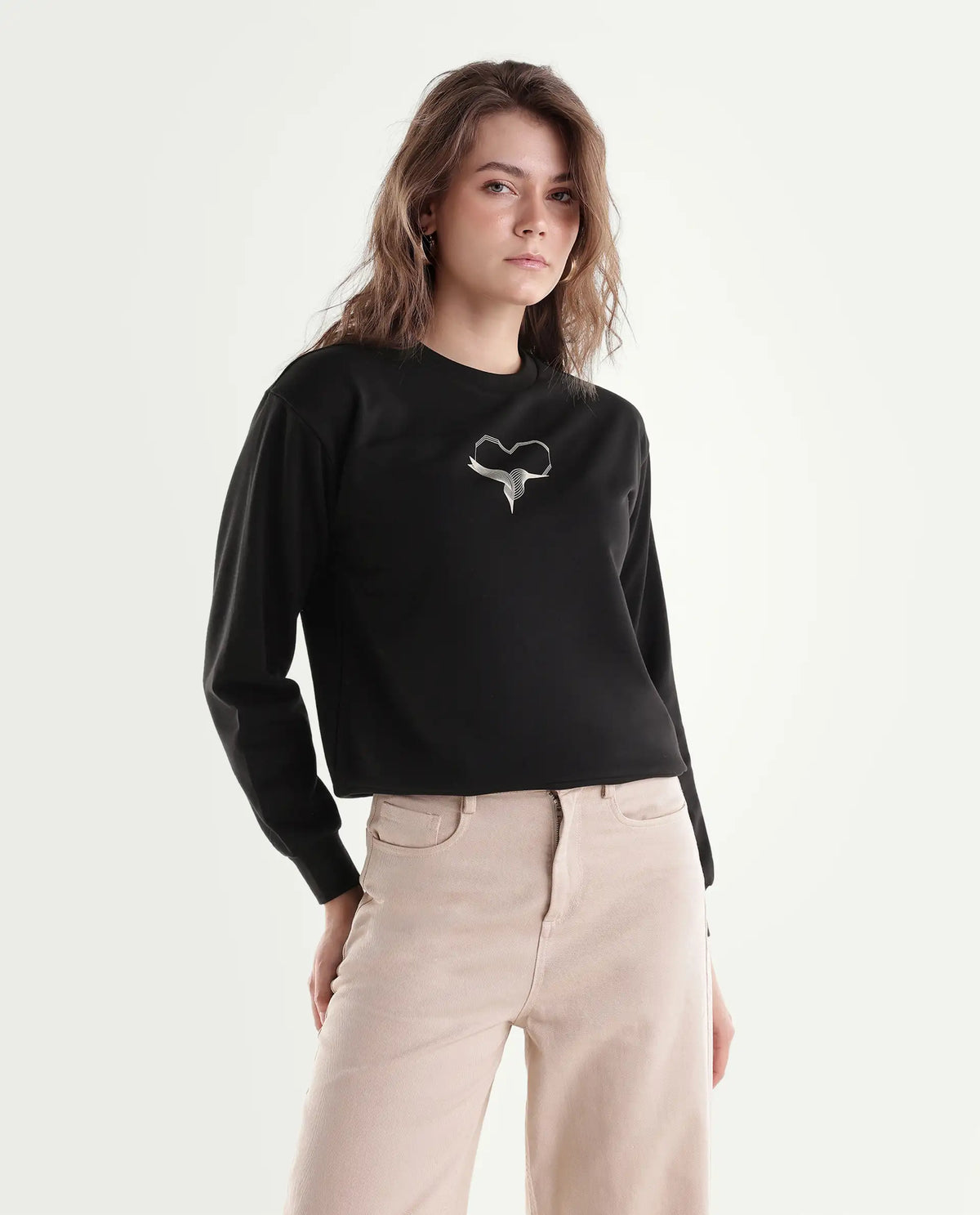 Rareism Women's Point Black Cotton Blend Pull-On Relaxed Fit Hd Print Sweatshirt