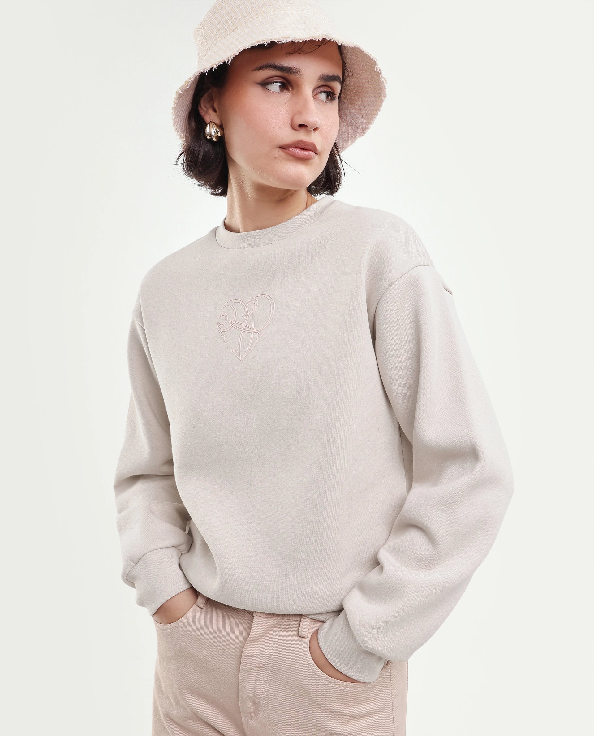 Rareism Women's Poker Light Beige Cotton Blend Pull-On Relaxed Fit Hd Print Sweatshirt