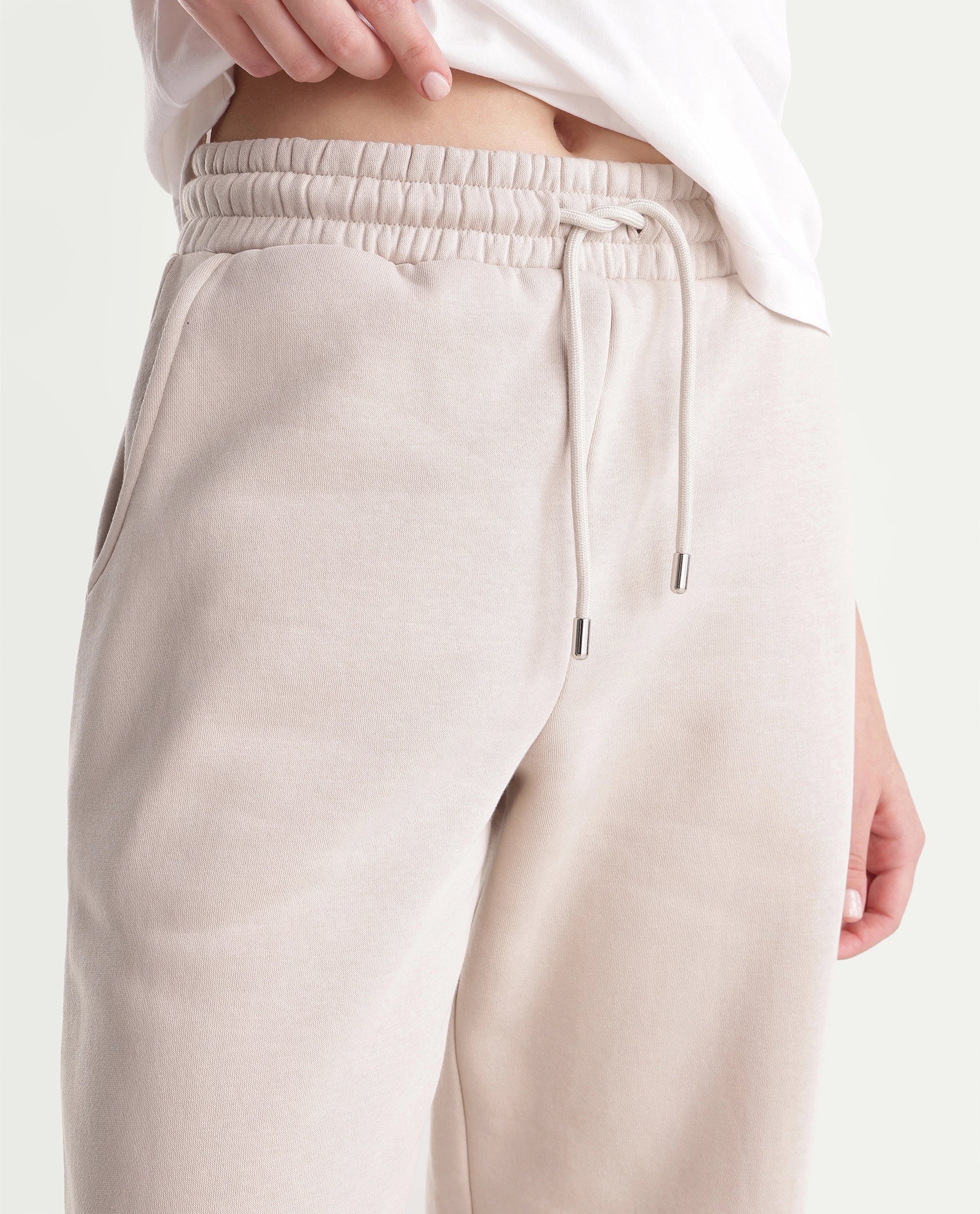 Rareism Women's Parka-B Light Beige Cotton Blend Drawstring Jogger Track Pant