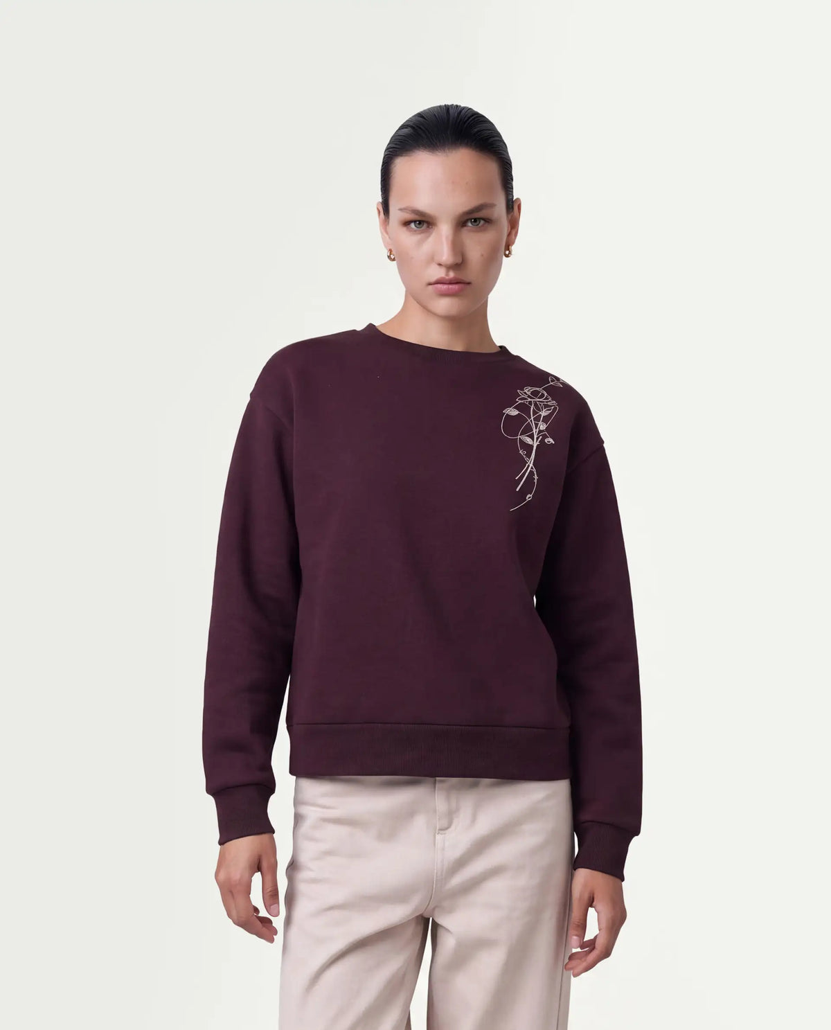 Rareism Women's Pilon Dark Maroon Cotton Blend Pull-On Relaxed Fit Sweatshirt