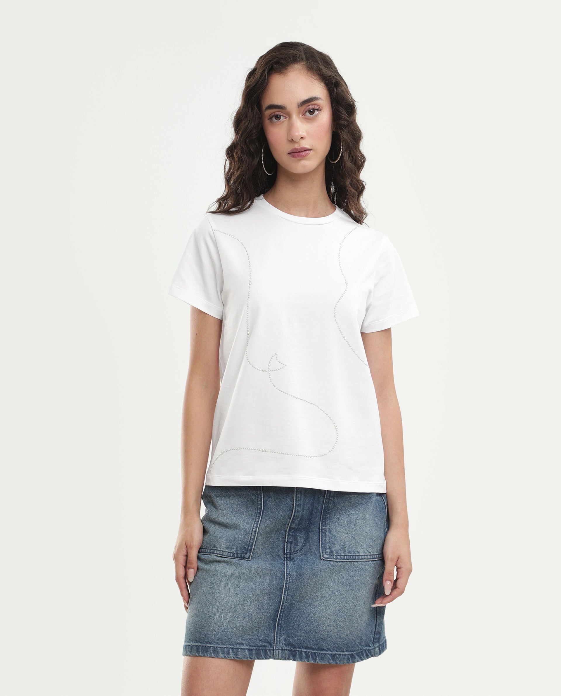 Rareism Women's Pox Off White Solid Cotton Blend Regular Short Sleeves T-Shirt