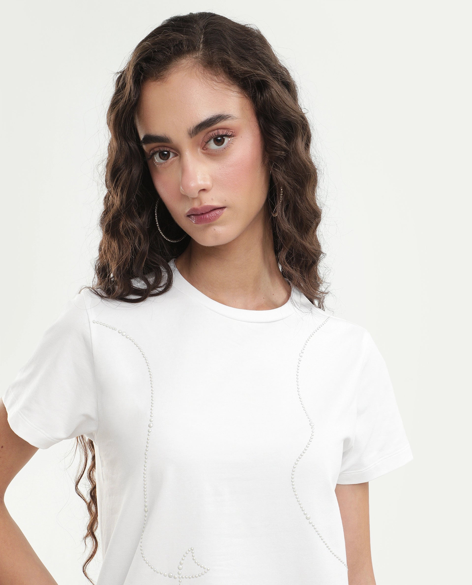 Rareism Women's Pox Off White Solid Cotton Blend Regular Short Sleeves T-Shirt
